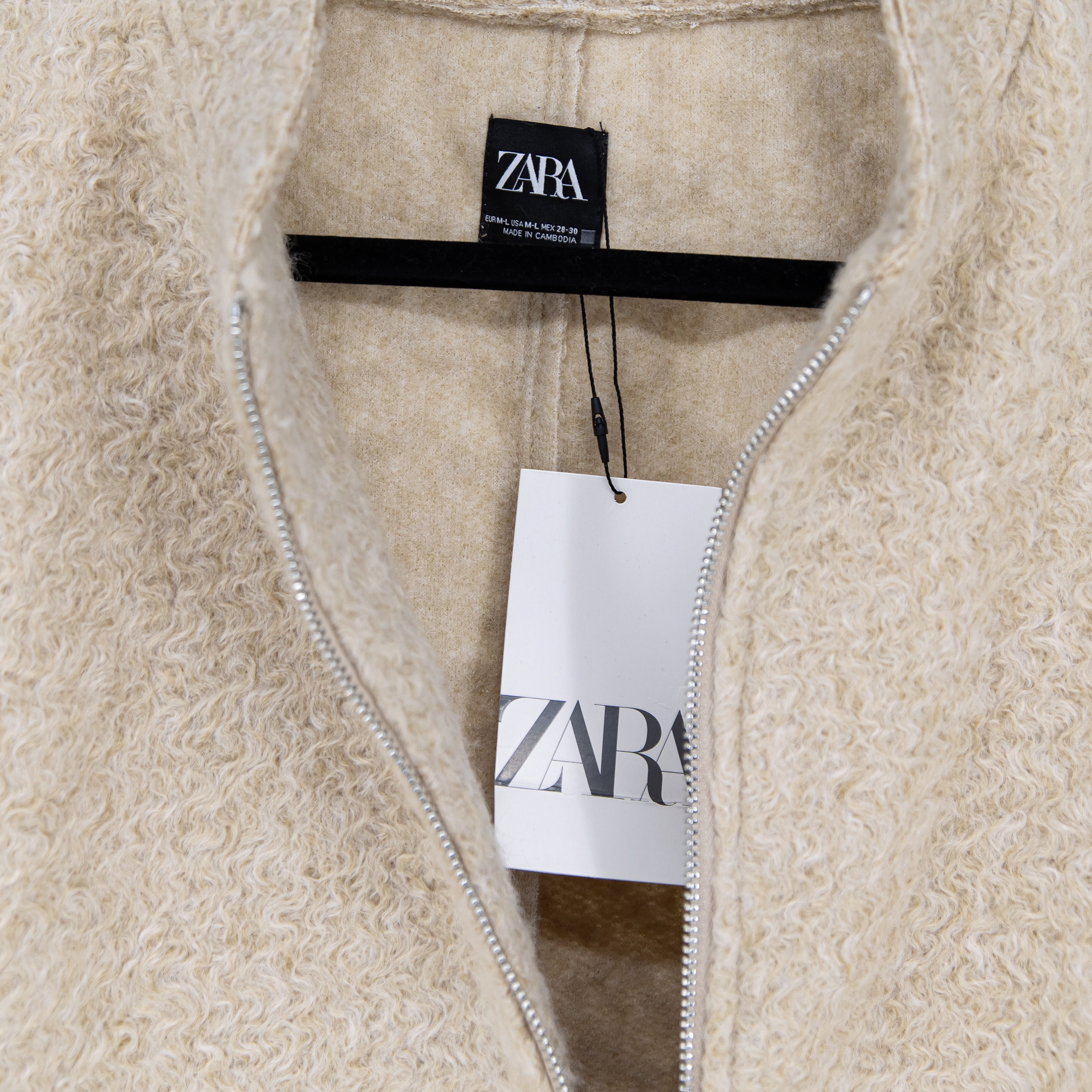 NEW Zara Faux Fuzzy Teddy Collarless Full Zip Jacket Neutral Oatmeal M/L