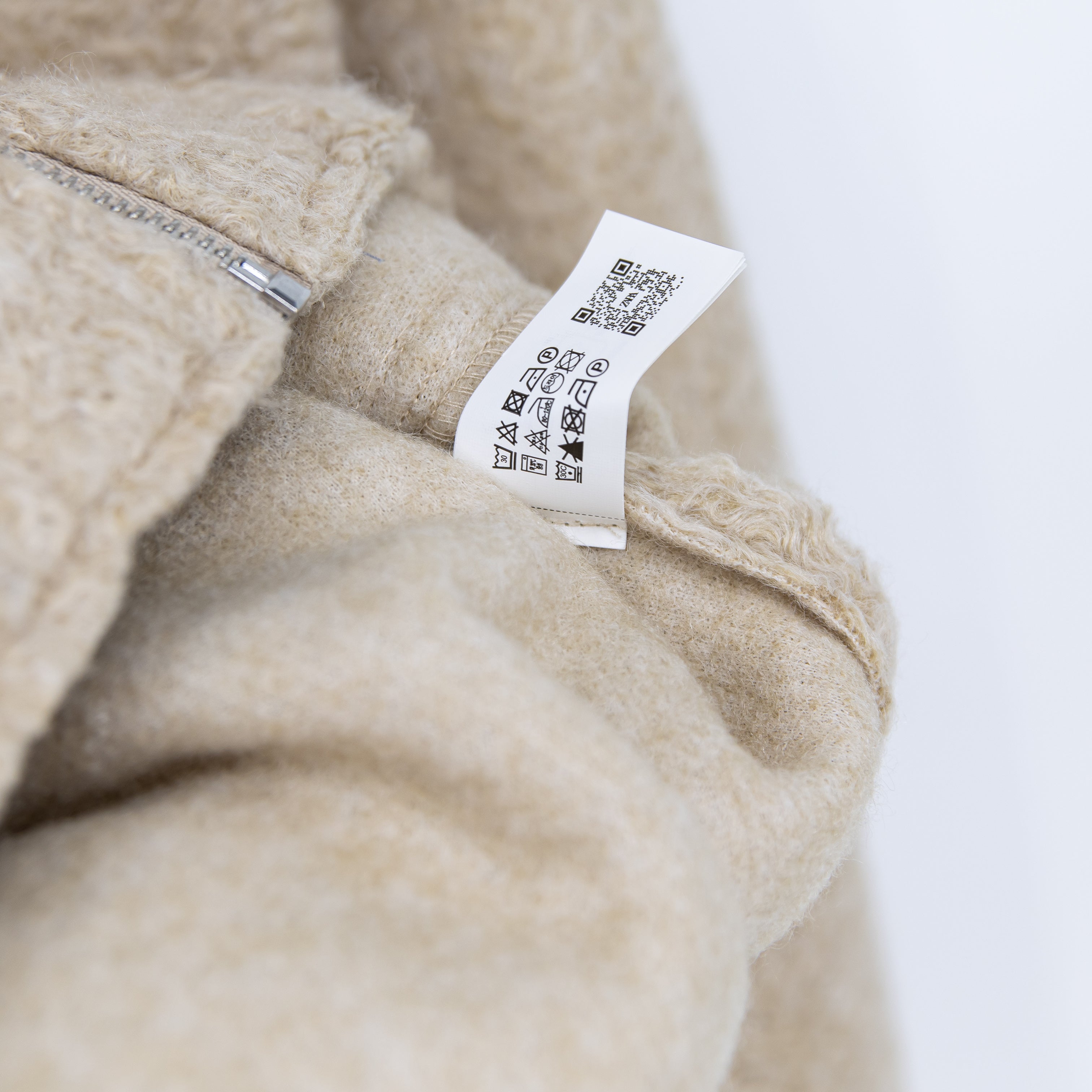 NEW Zara Faux Fuzzy Teddy Collarless Full Zip Jacket Neutral Oatmeal M/L