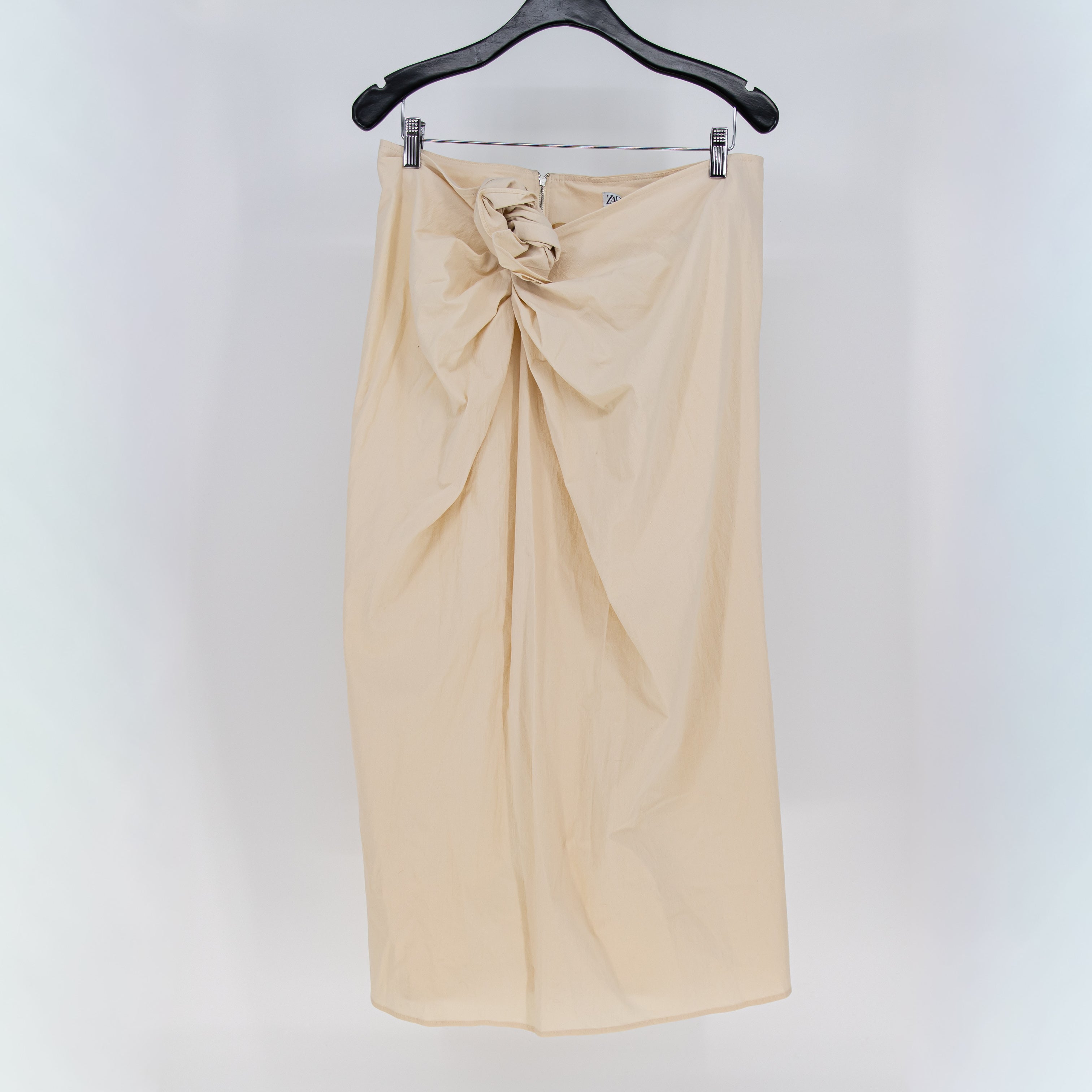NEW Zara Crepe Stretch Twist Knot Wrap Midi Straight Skirt Neutral XL
