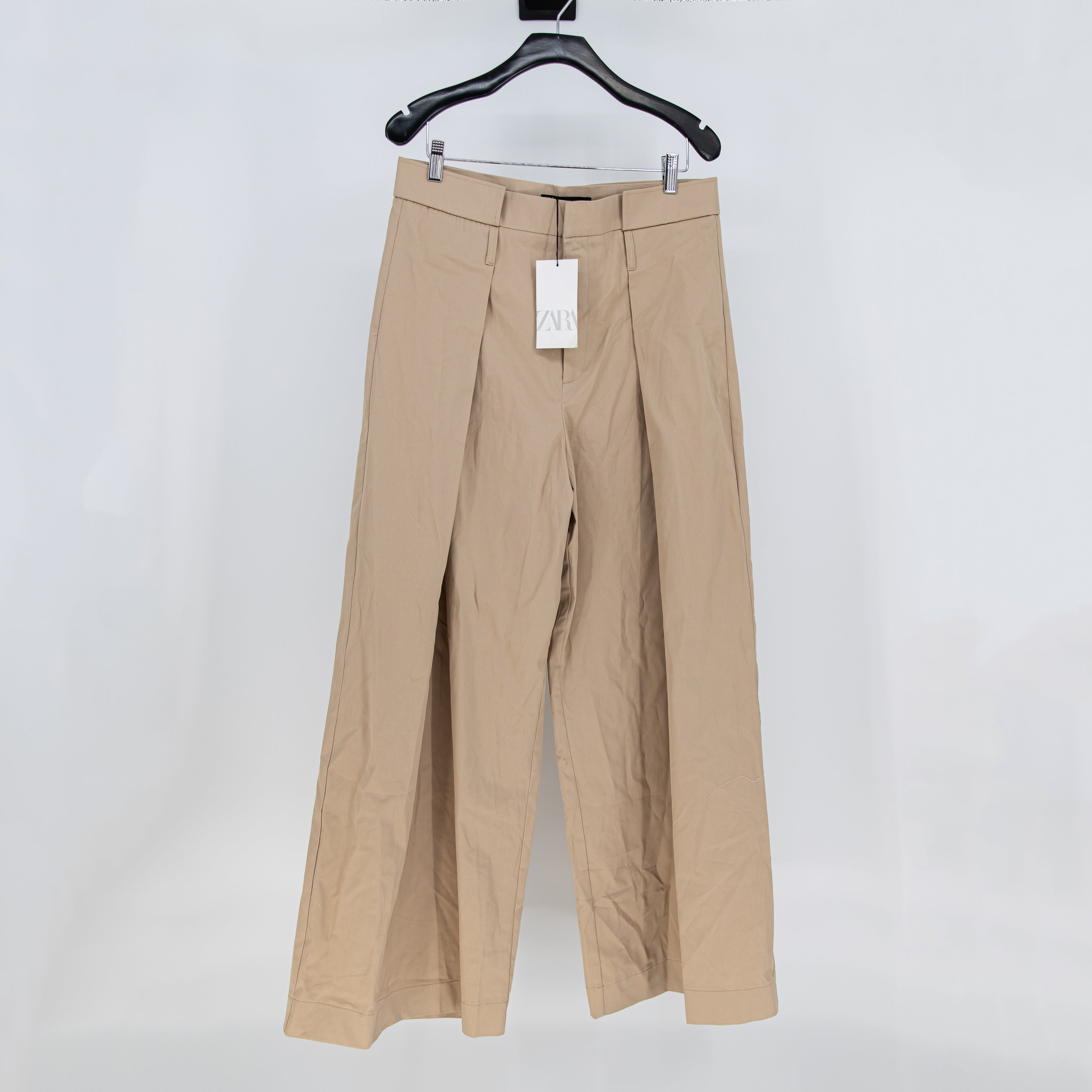 NEW Zara Cotton Stretch Full Length Gabardine Trouser Wide Leg Pleated Pants L