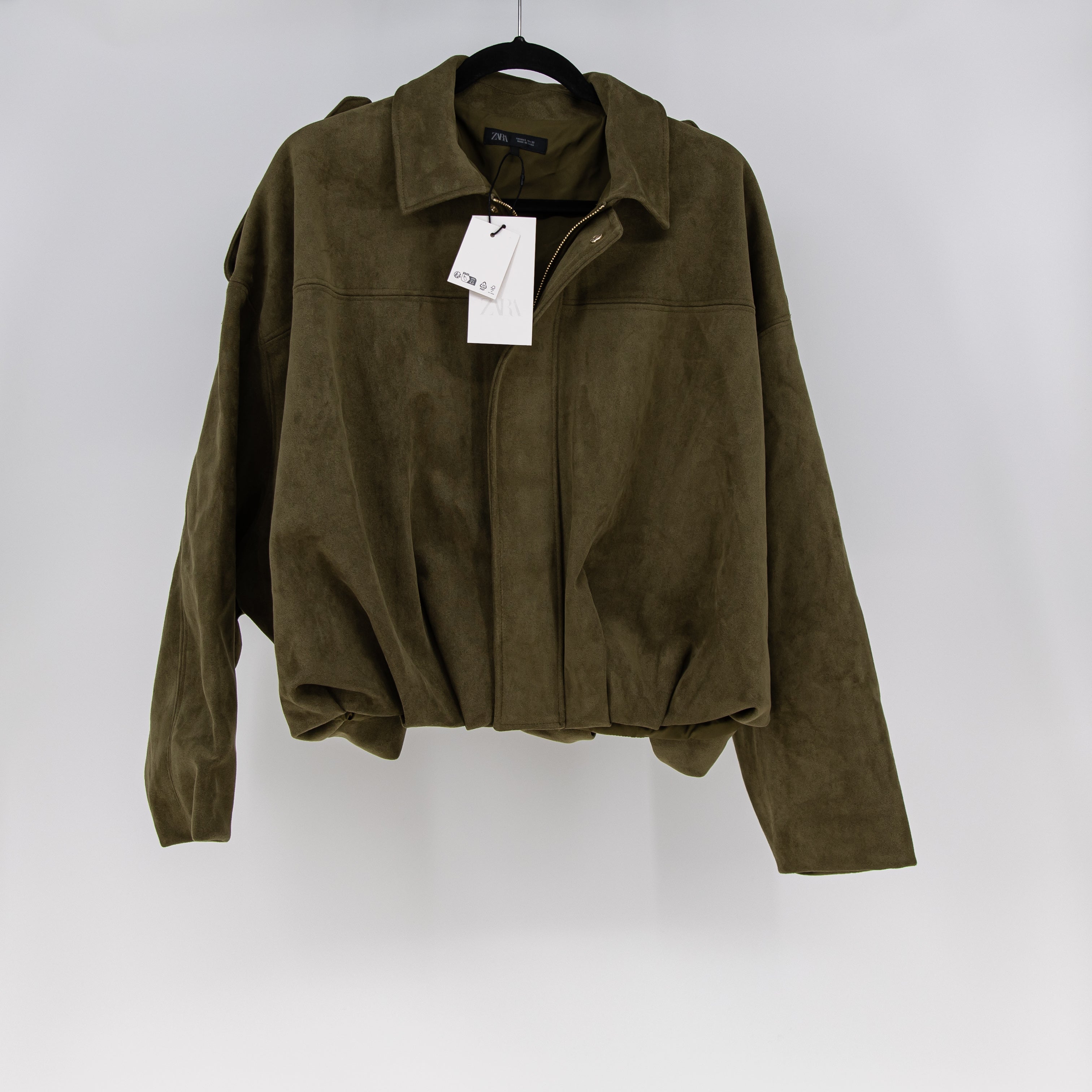NEW Zara Microfiber Brushed Faux Suede Fill Zip Pleated Collar Jacket Green L