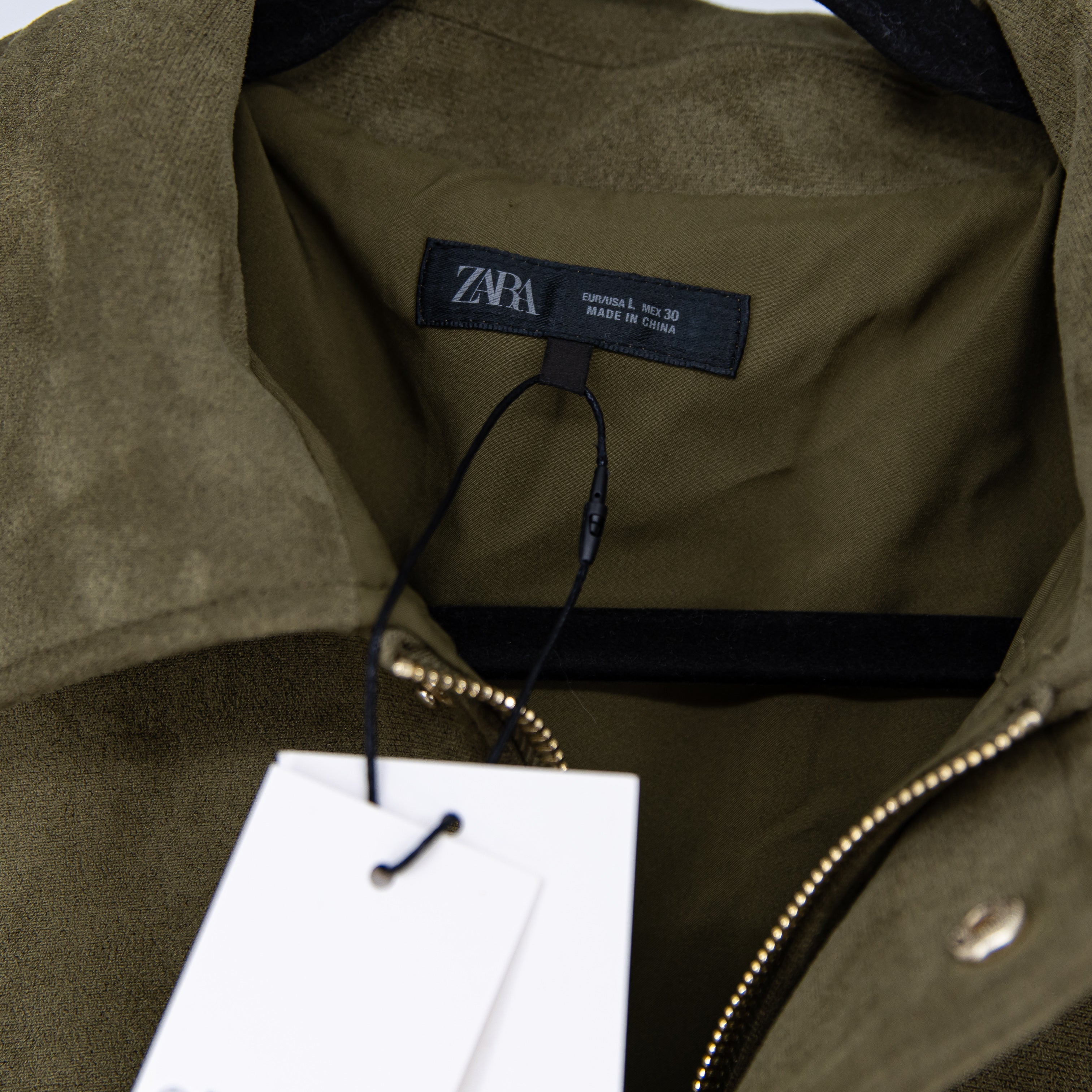 NEW Zara Microfiber Brushed Faux Suede Fill Zip Pleated Collar Jacket Green L