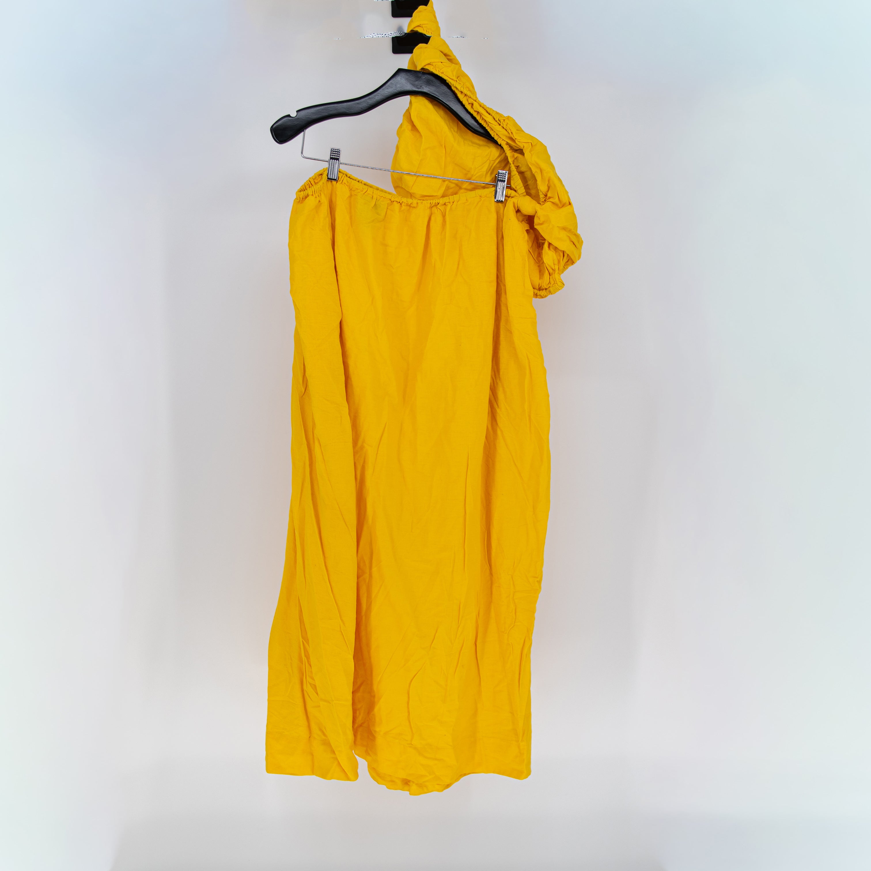 Farm Rio Linen Blend One Shoulder Cut Out Waist Midi A Line Dress Yellow Large