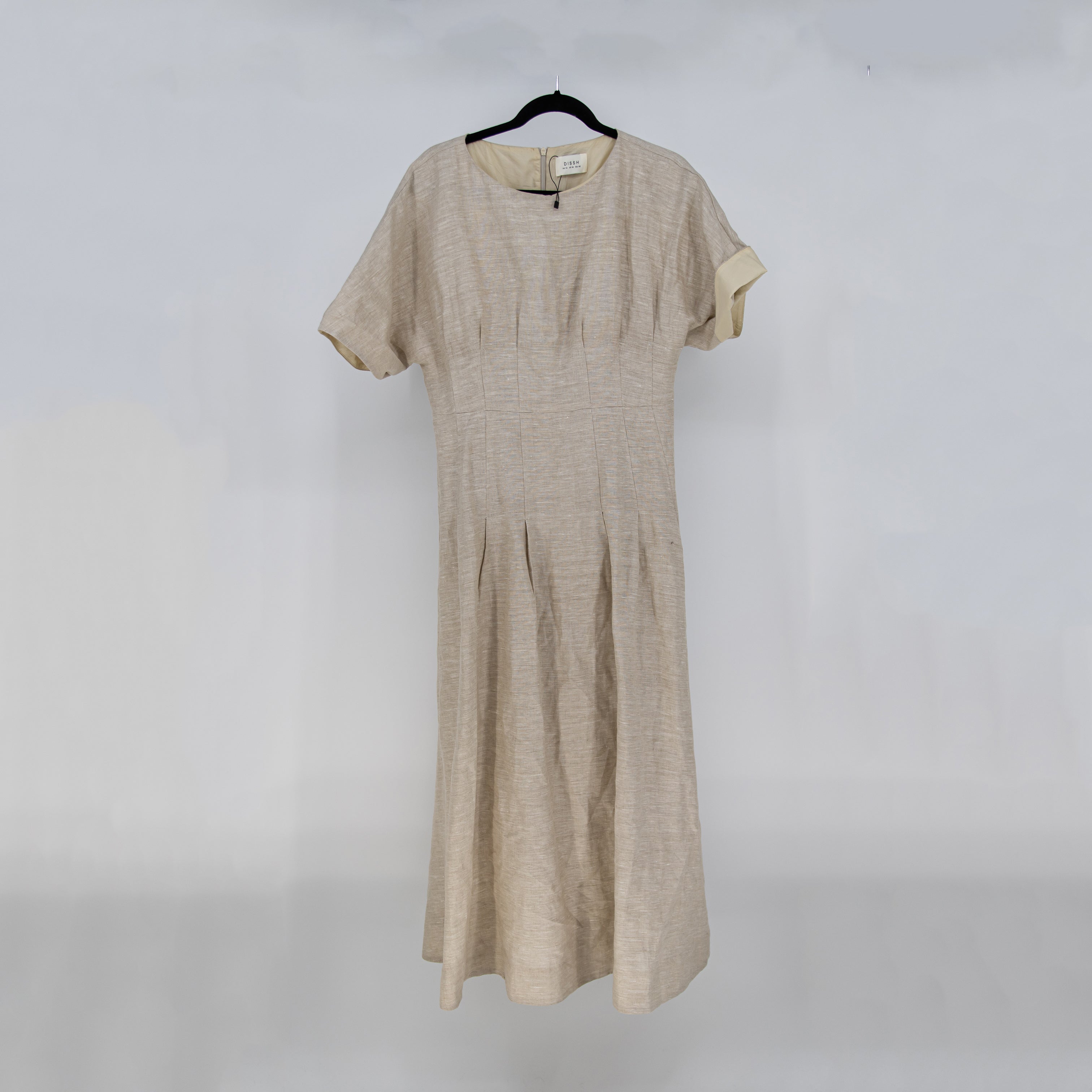Dissh The Jayde Linen Pleated Pin Tuck Cotton Line Fit Flare Midi Dress Neutral