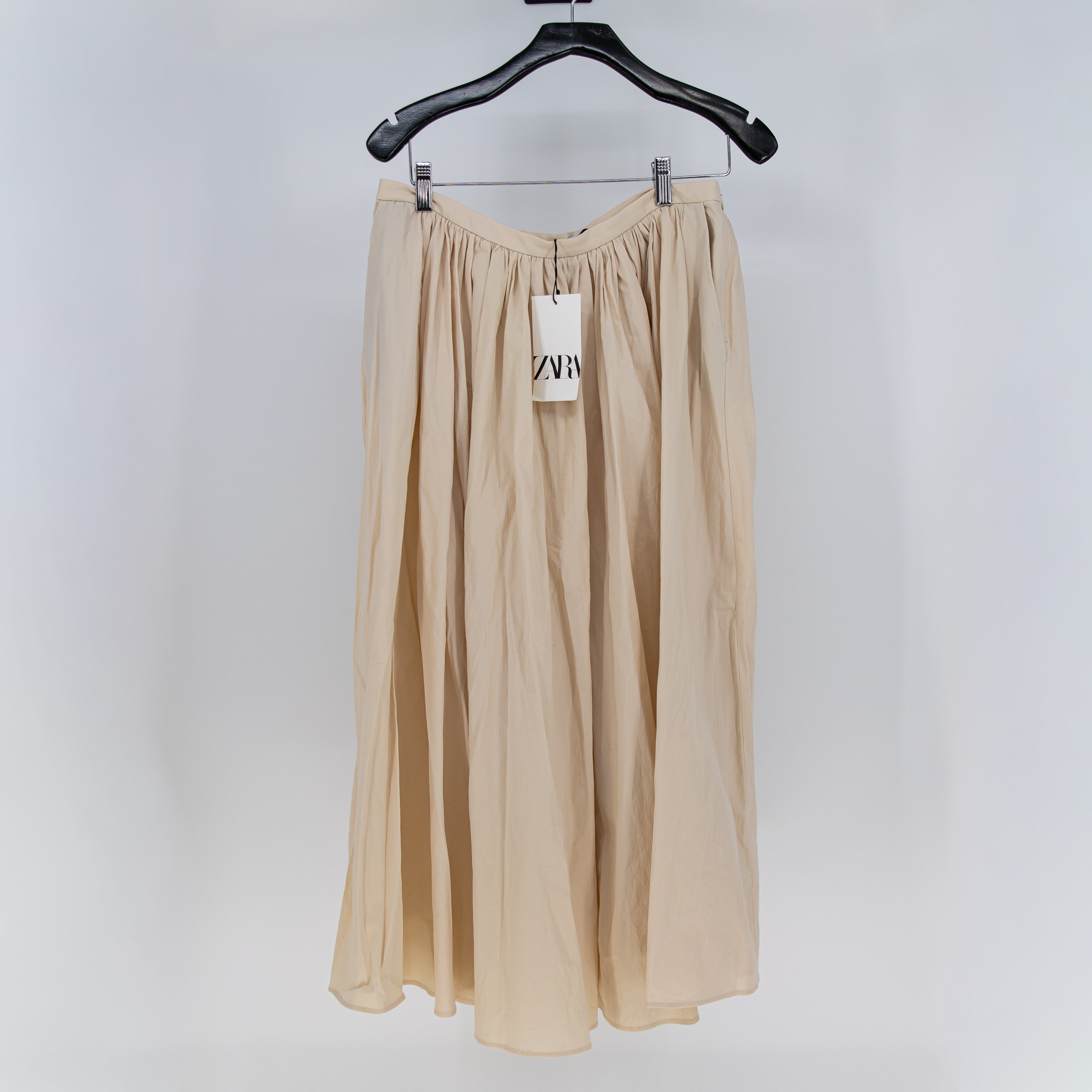 NEW Zara Cotton Stretch Crepe Textured Ruffle Pleated A Line Midi Skirt Neutral