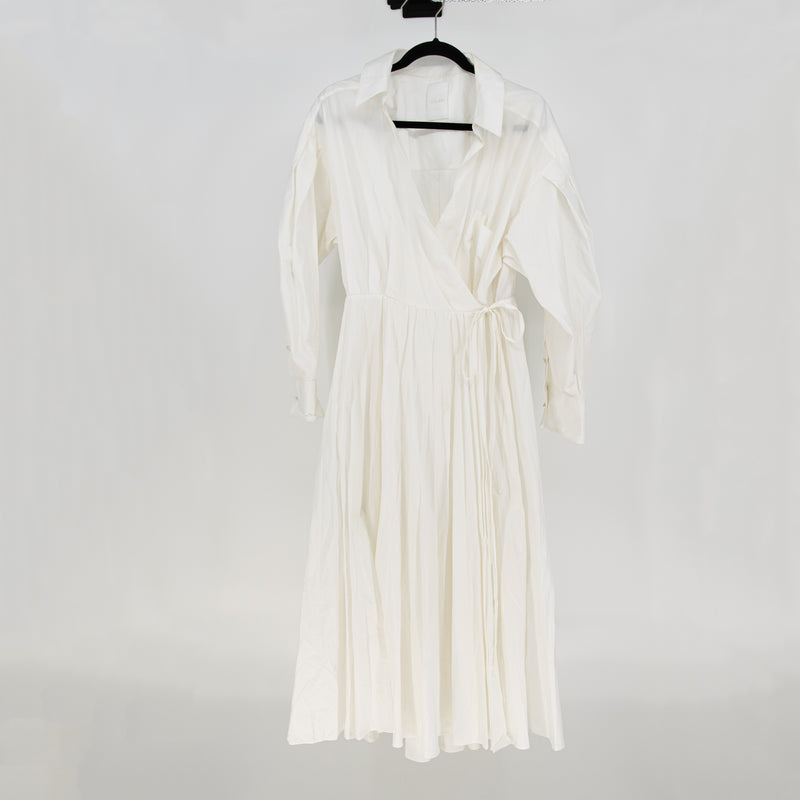 Valentino Le Blanc Cotton Poplin Puff Sleeve Wrap Pleated Shirt Dress White XL