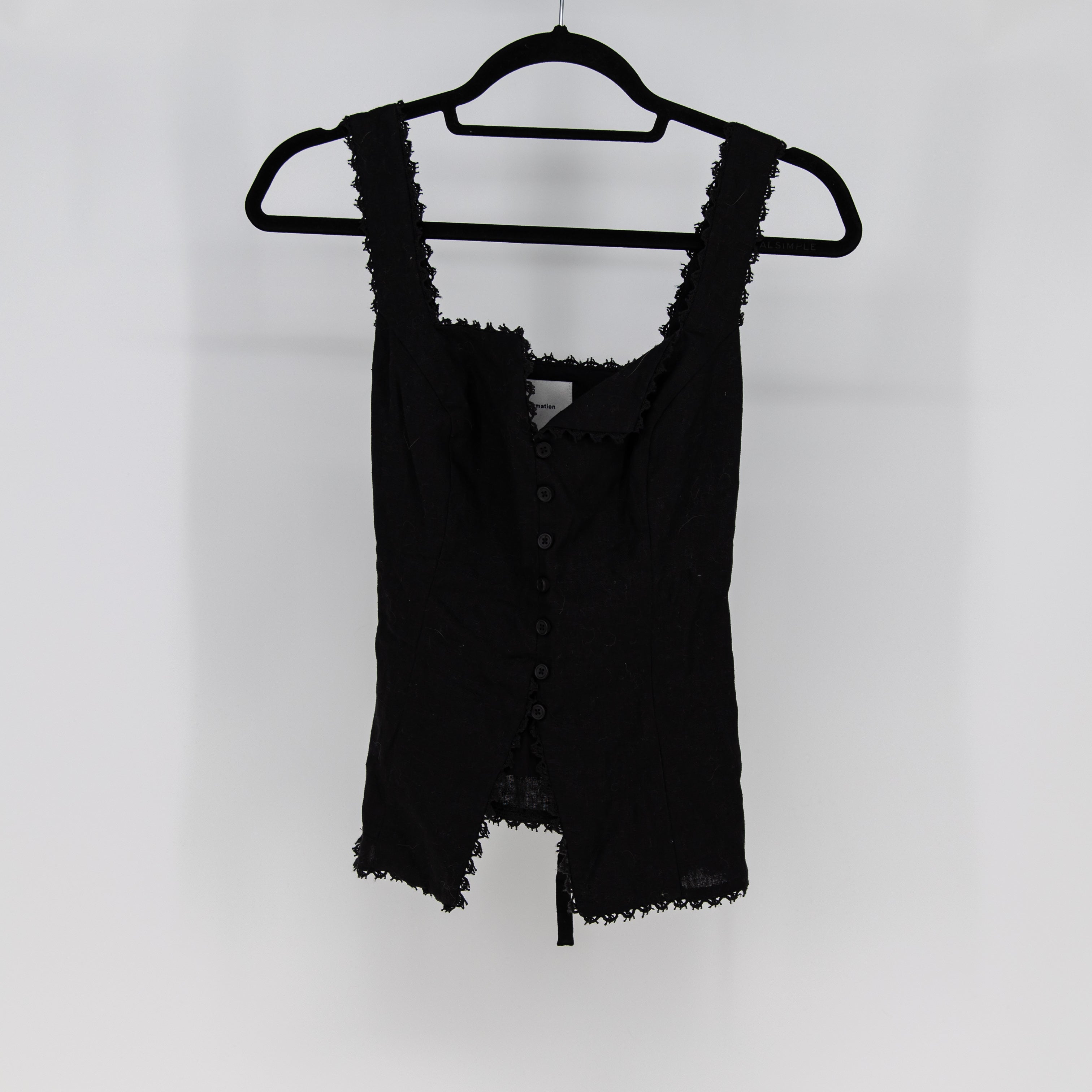 Reformation Viola Linen Woven Lace Trim Button Up Front Tank Top Blouse Black 4