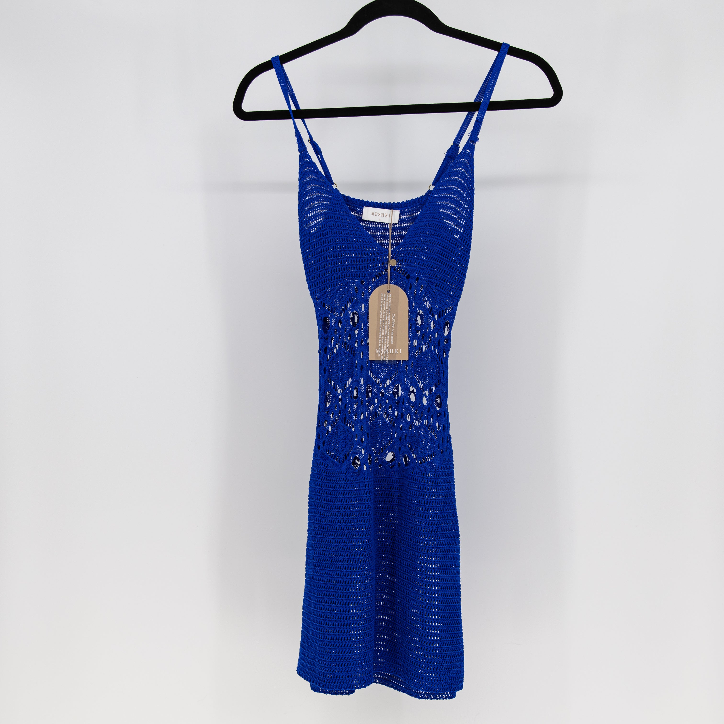 NEW Meshki Everette Crochet Knit V Neck Tank Mini Dress Cobalt Blue Small