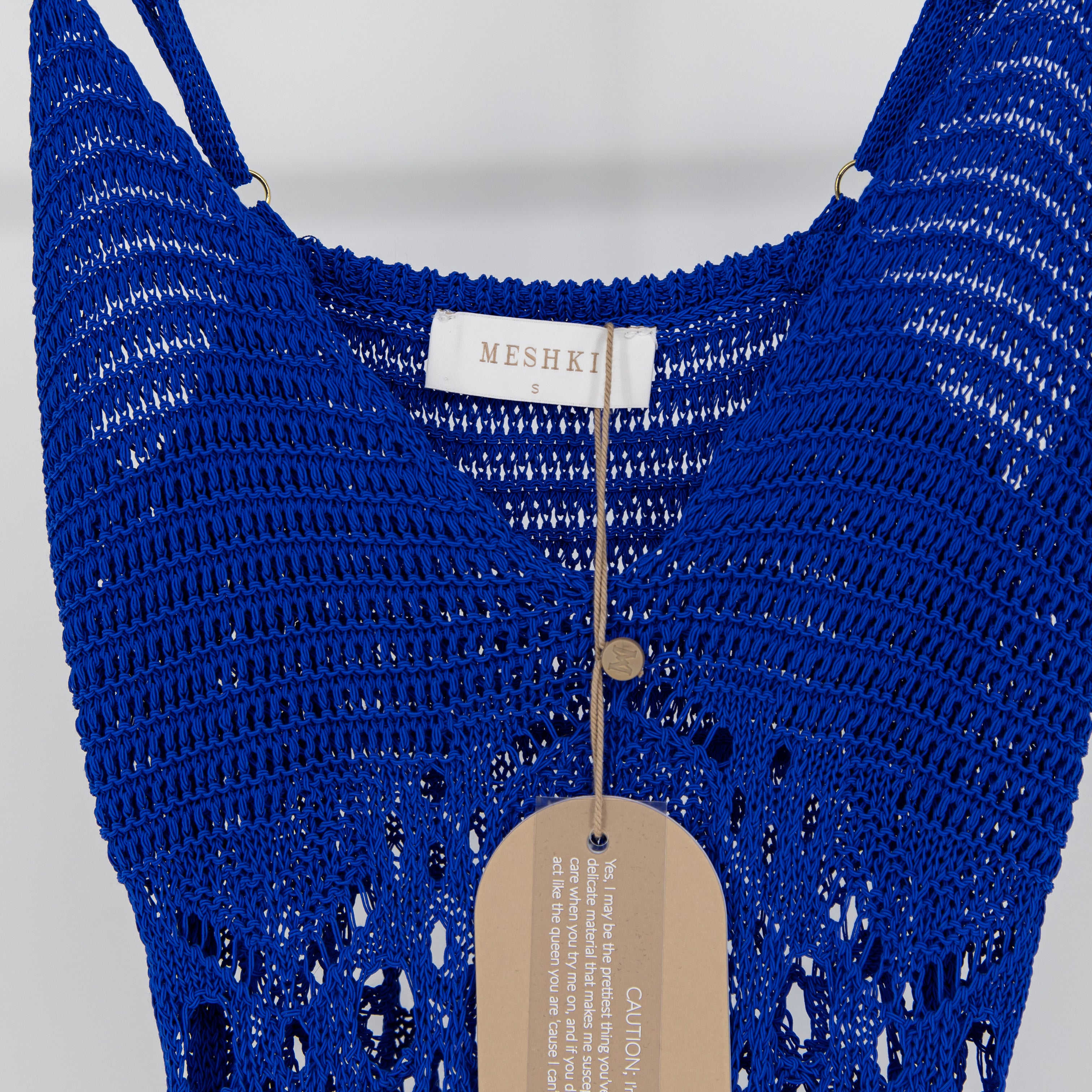 NEW Meshki Everette Crochet Knit V Neck Tank Mini Dress Cobalt Blue Small