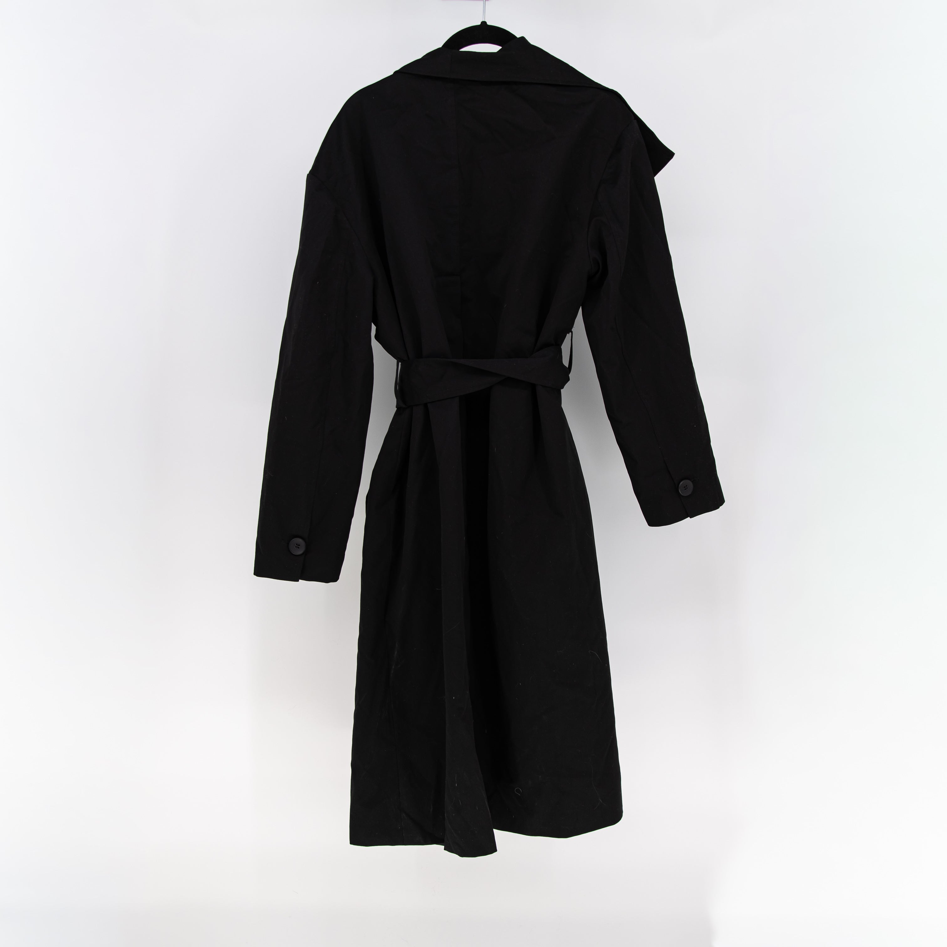 Noize Women's Spread Collar Open Front Belted Trench Coat Jacket Black Small