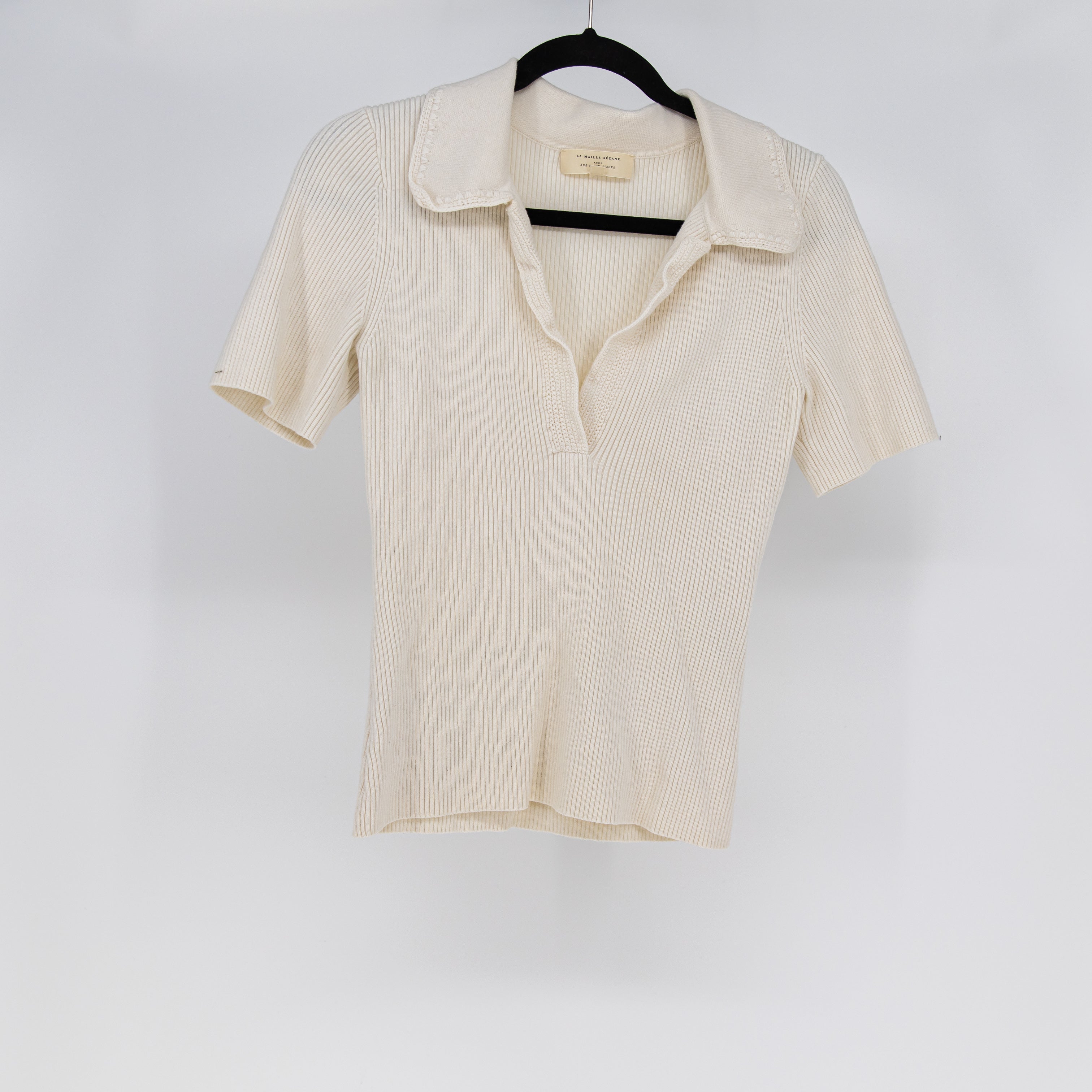 Sezane Eloy Wool Cotton Blend Ribbed Knit Stretch Collared Jumper Sweater Ivory