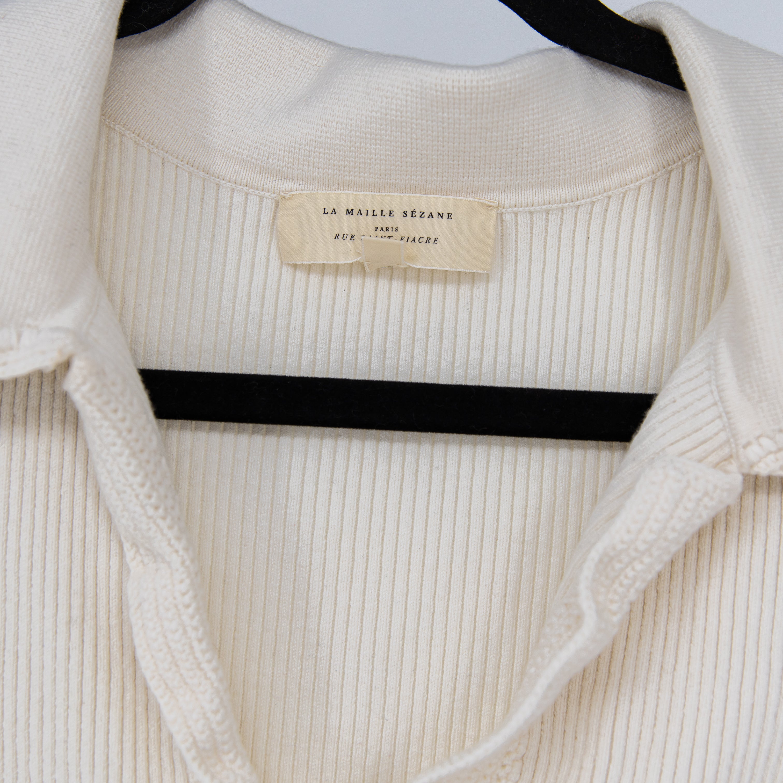 Sezane Eloy Wool Cotton Blend Ribbed Knit Stretch Collared Jumper Sweater Ivory