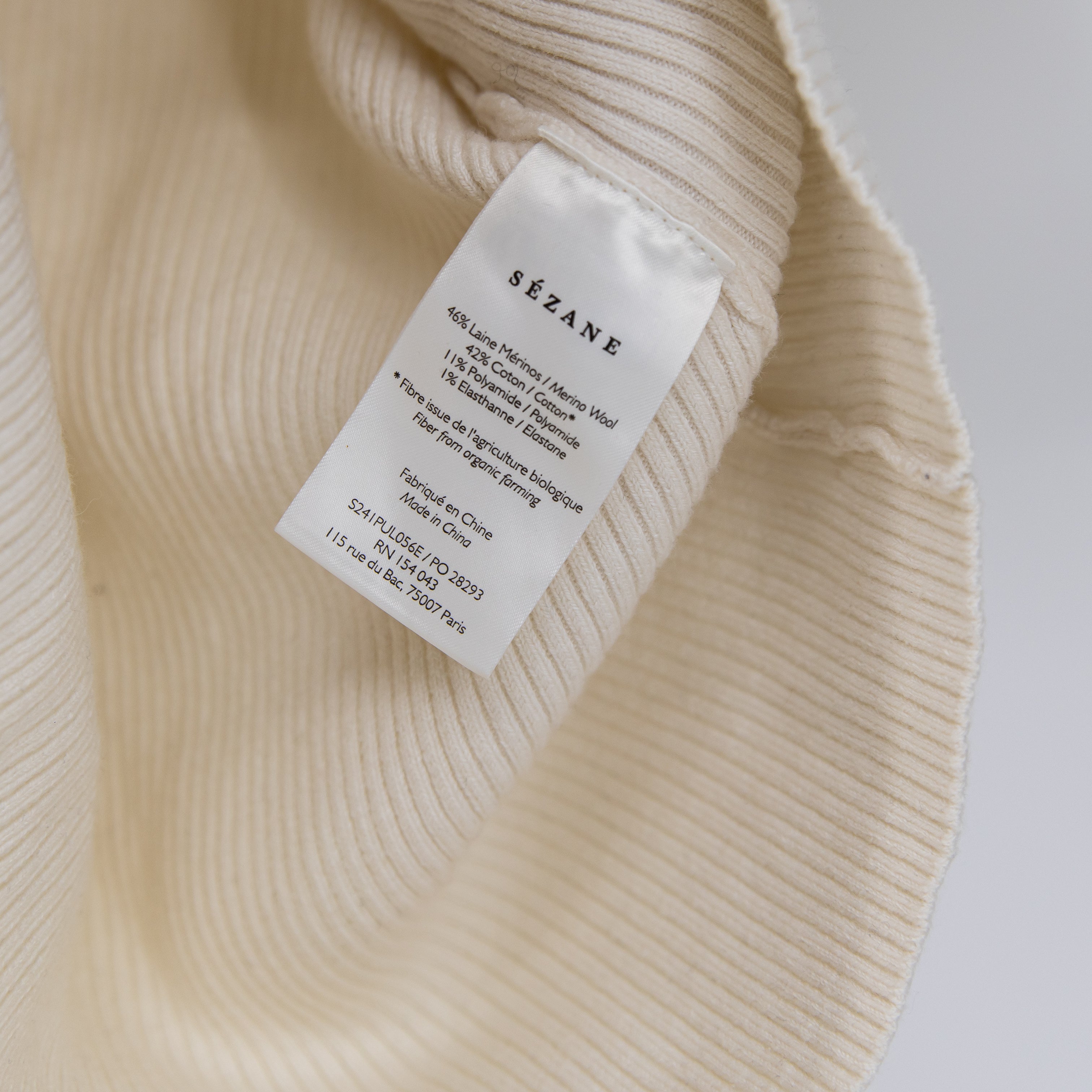 Sezane Eloy Wool Cotton Blend Ribbed Knit Stretch Collared Jumper Sweater Ivory