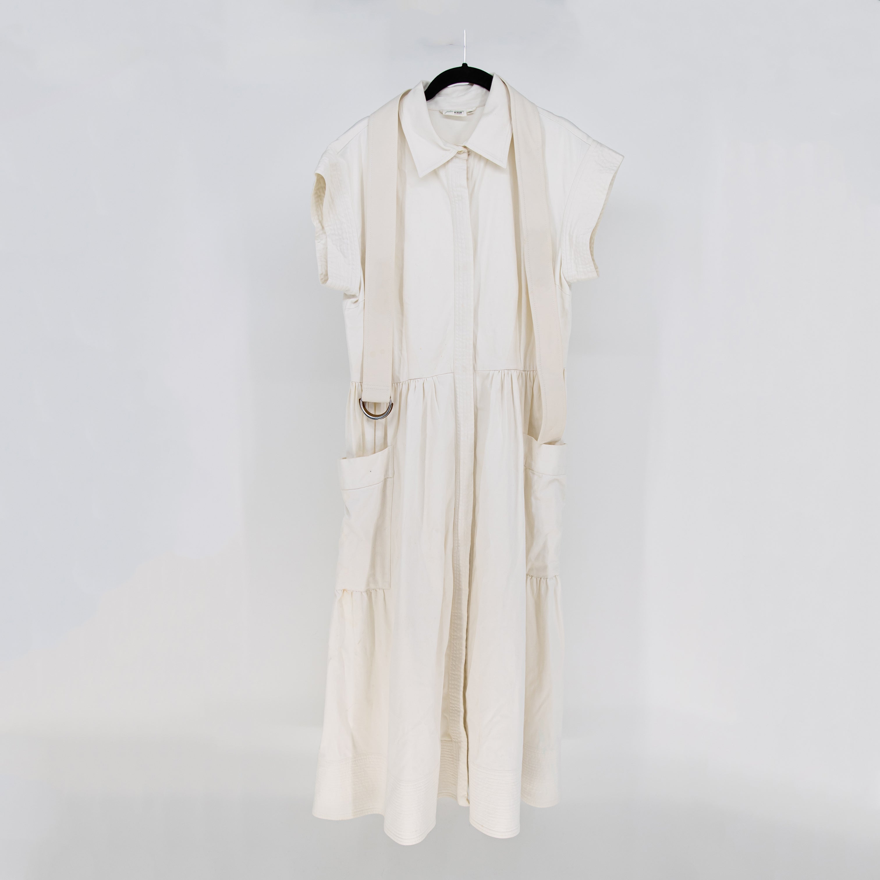 Julia Amory Betty Cotton Stretch Belted Pocket Midi Shirt Dress Ivory White L