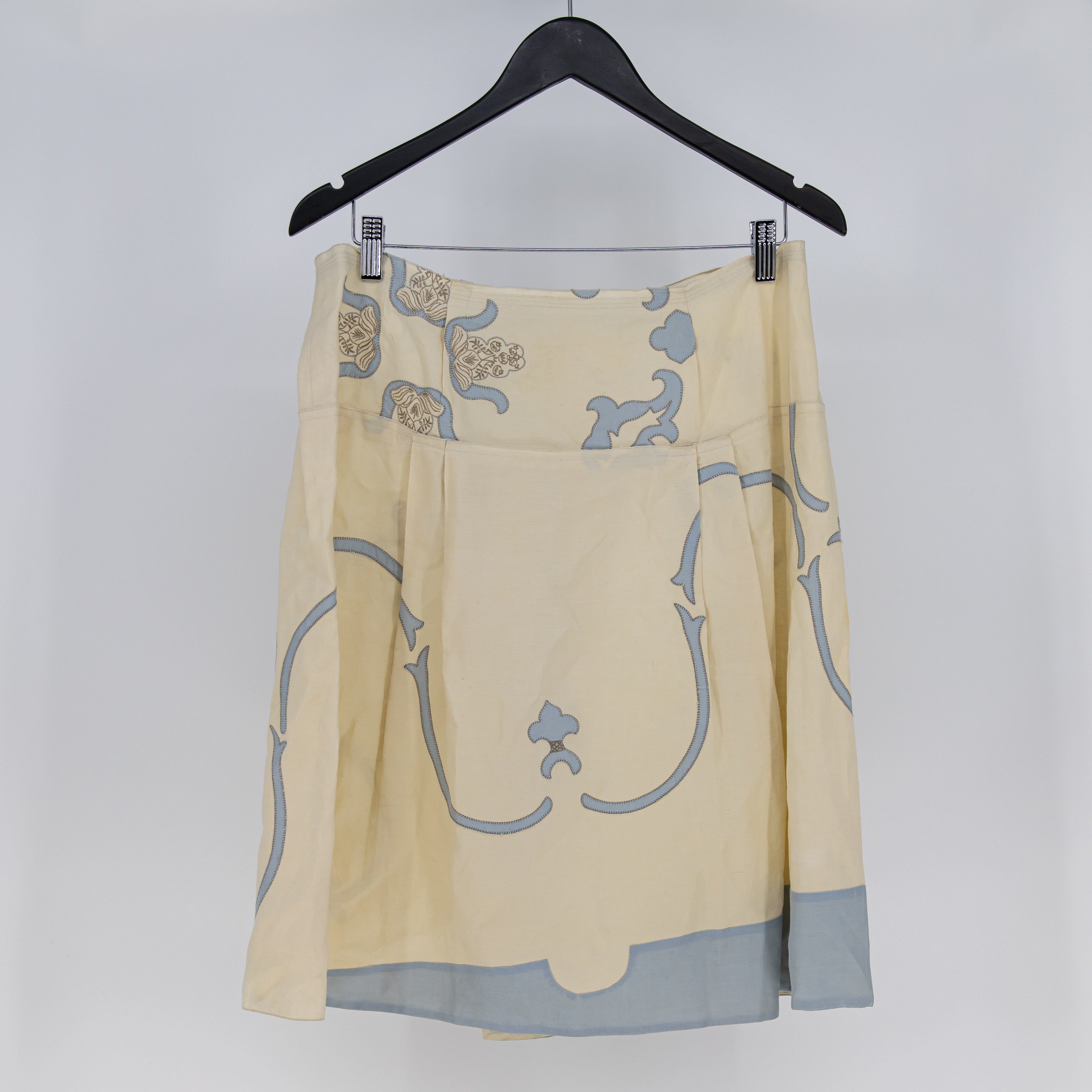 Prada Women's Made In Italy Linen Embroidered Pattern Pleated Midi Skirt XL
