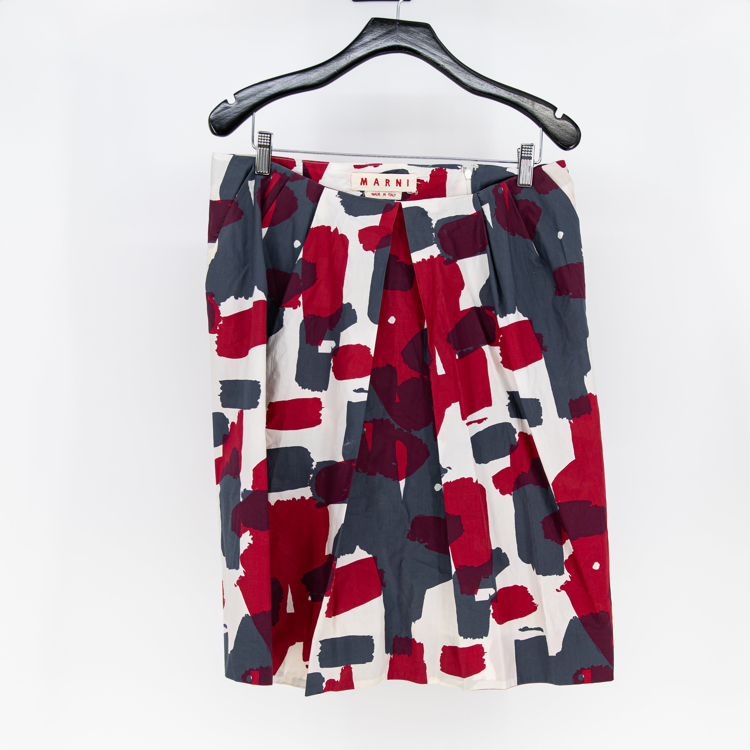 Marni Women's Made In Italy Cotton Poplin Pleated Straight Printed Skirt XL