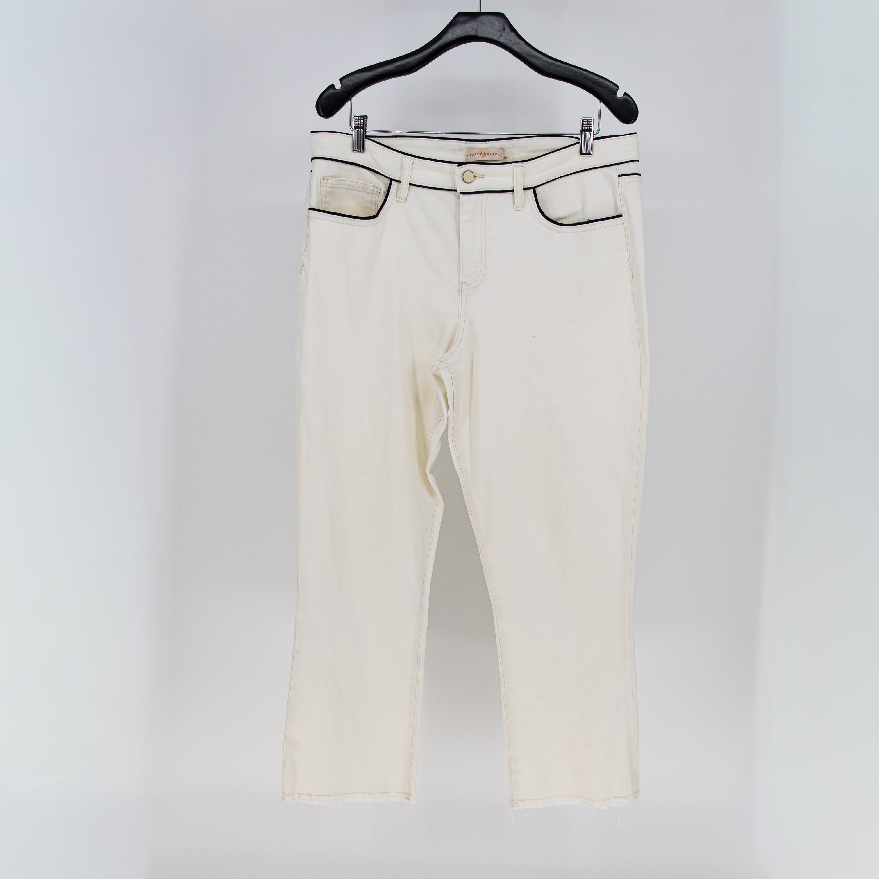 Tory Burch Cotton Stretch Straight Leg Ankle Crop Denim Jeans White Black Piping