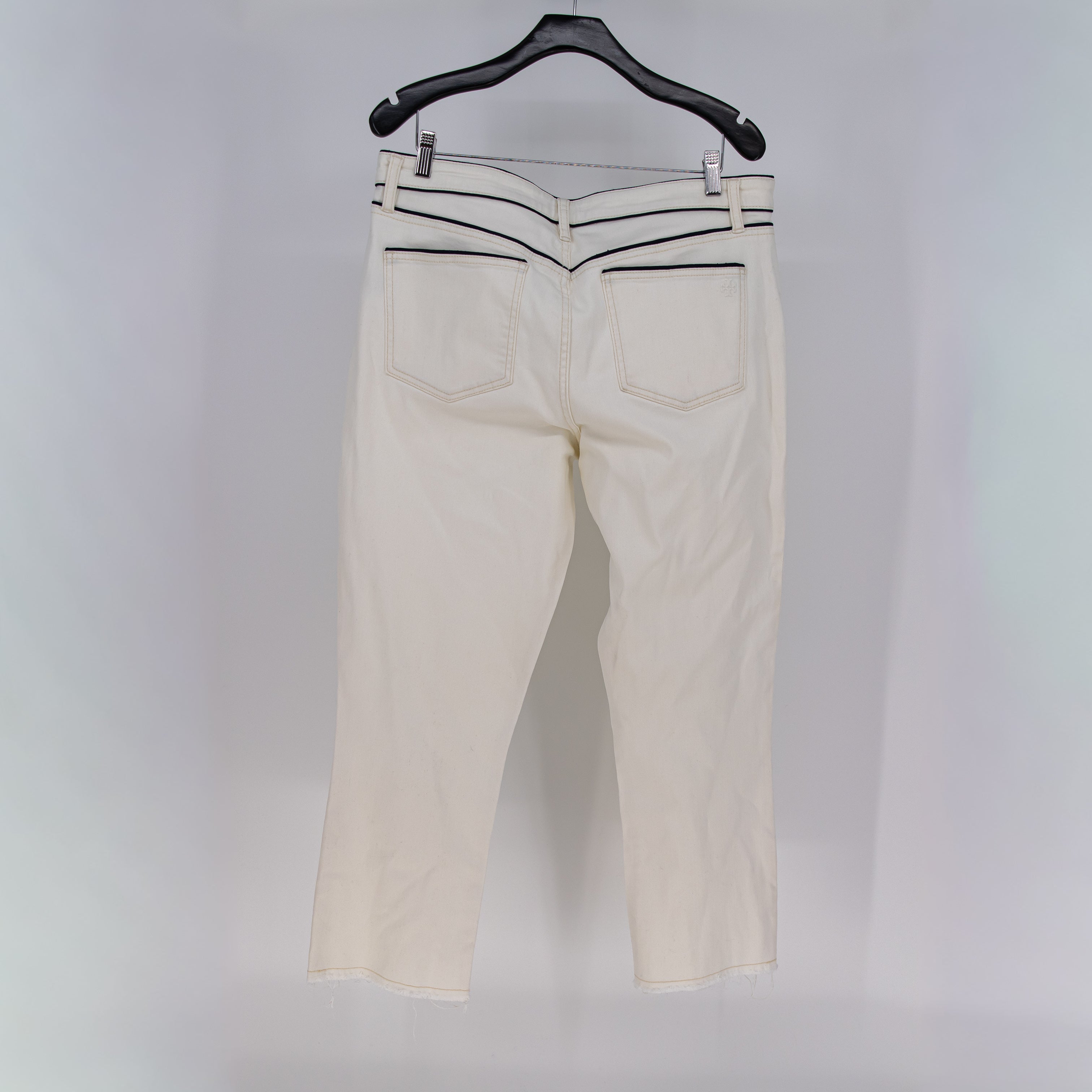 Tory Burch Cotton Stretch Straight Leg Ankle Crop Denim Jeans White Black Piping