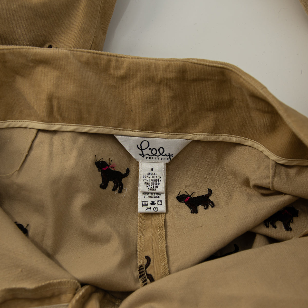 Lilly Pulitzer Vintage White Label Dog Embroidered Velvet Velour Straight Pants