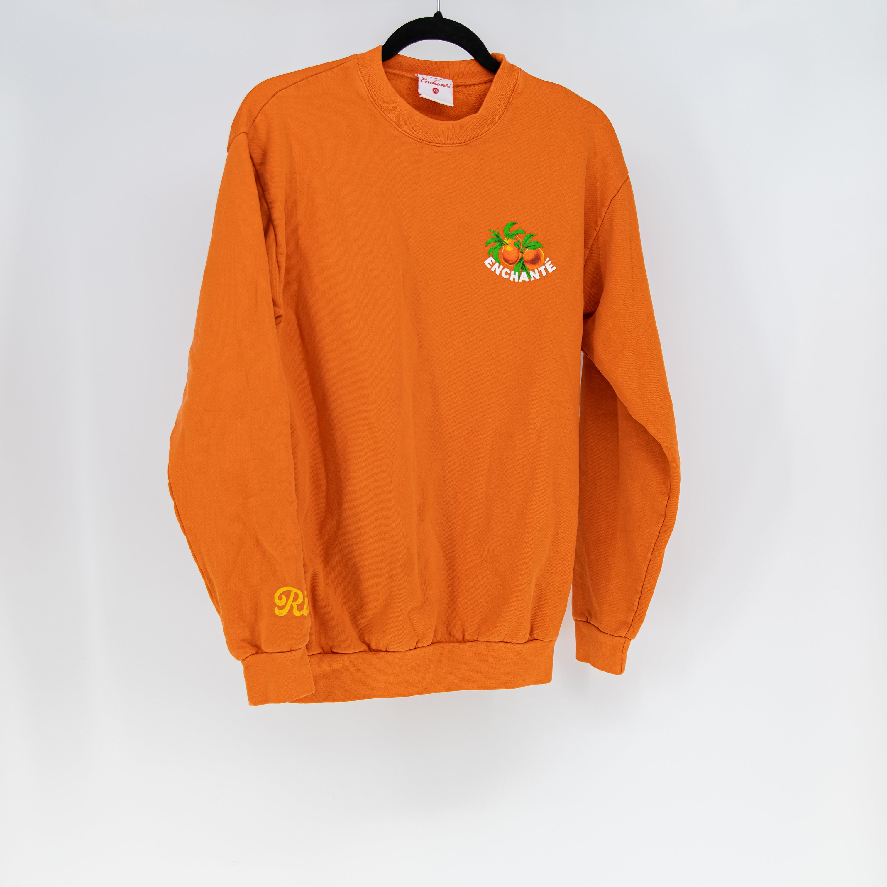 Enchante Peach Orange Graphic Print Cotton Fleece Crew Neck Sweatshirt Sweater