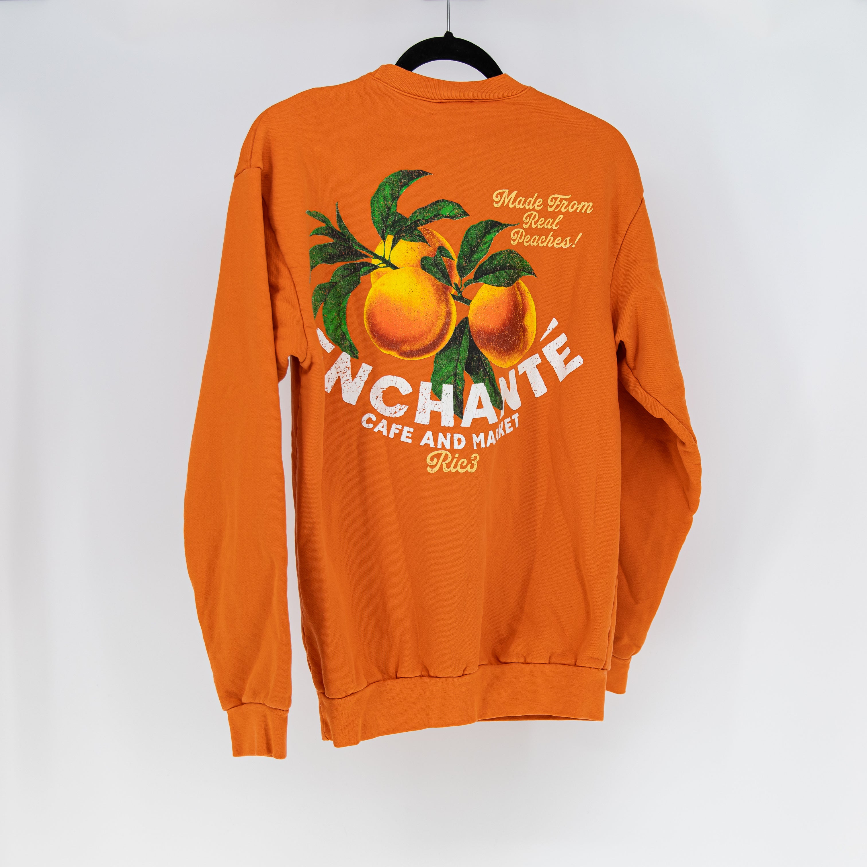 Enchante Peach Orange Graphic Print Cotton Fleece Crew Neck Sweatshirt Sweater