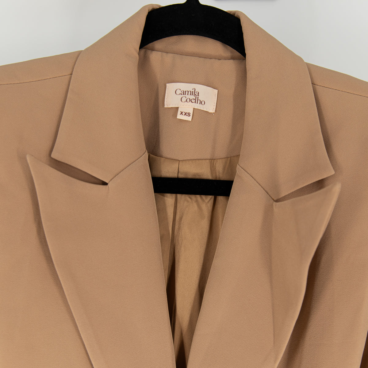 Camila Coelho Davide Deep V Neck Quarter Sleeve Blazer Mini Dress Nude Toffee
