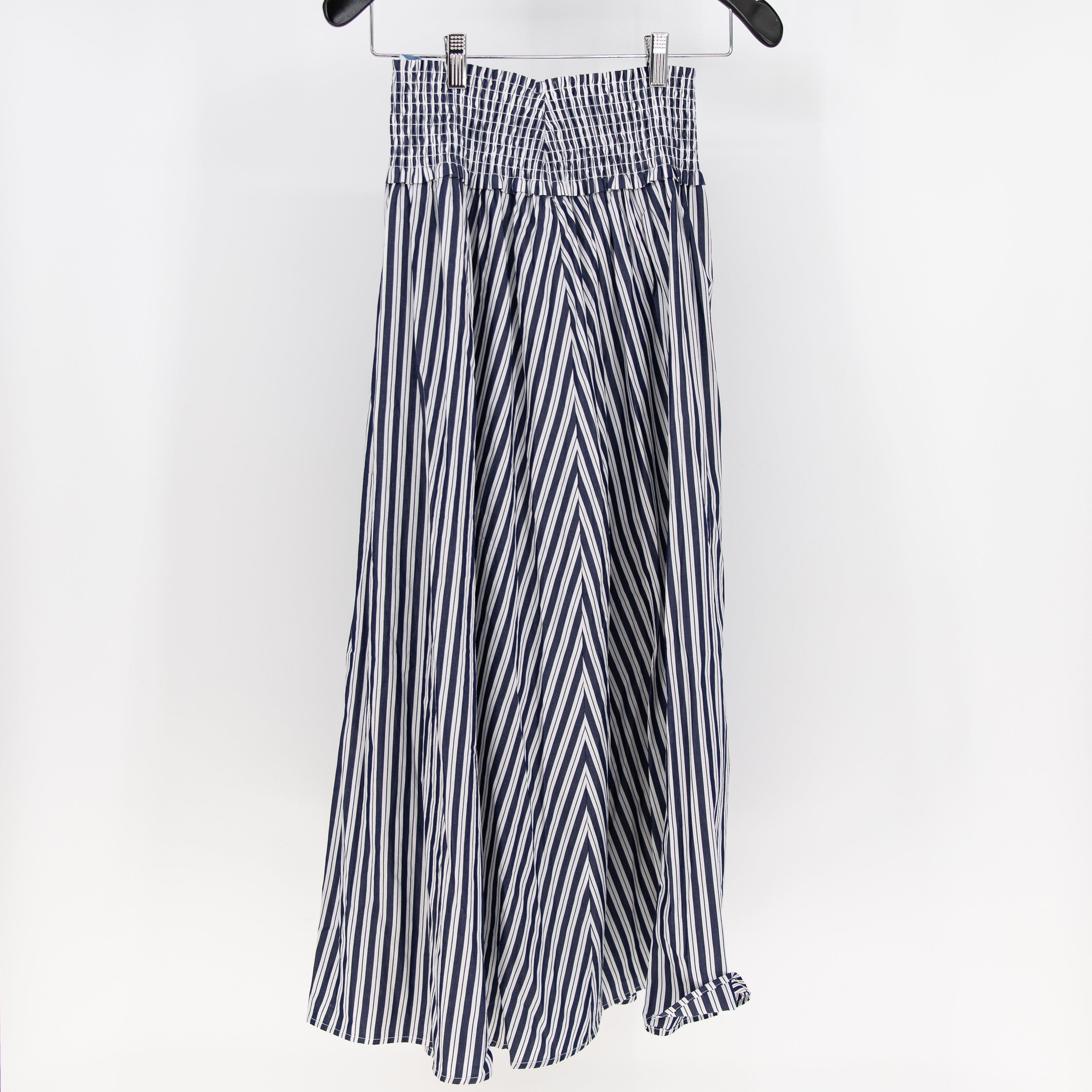 Hill House Home Delphine Nap Cotton Poplin Stretch Waist Maxi Skirt Navy Stripe