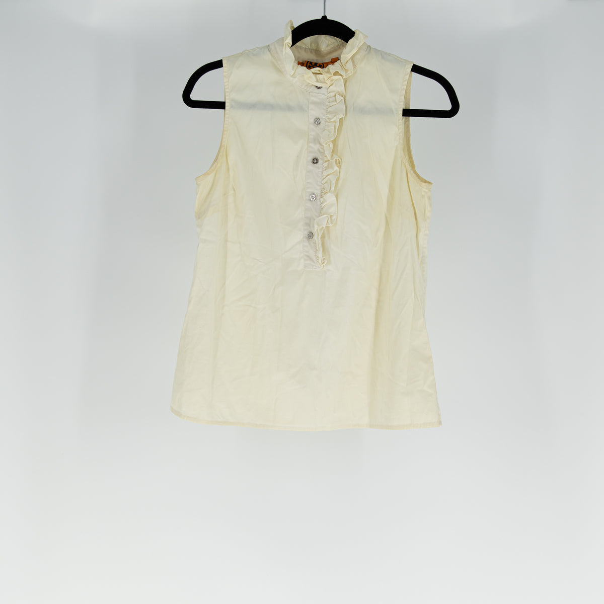 Tory Burch Cotton Poplin Stretch Sleeveless Ruffle Collar Logo Button Blouse 4