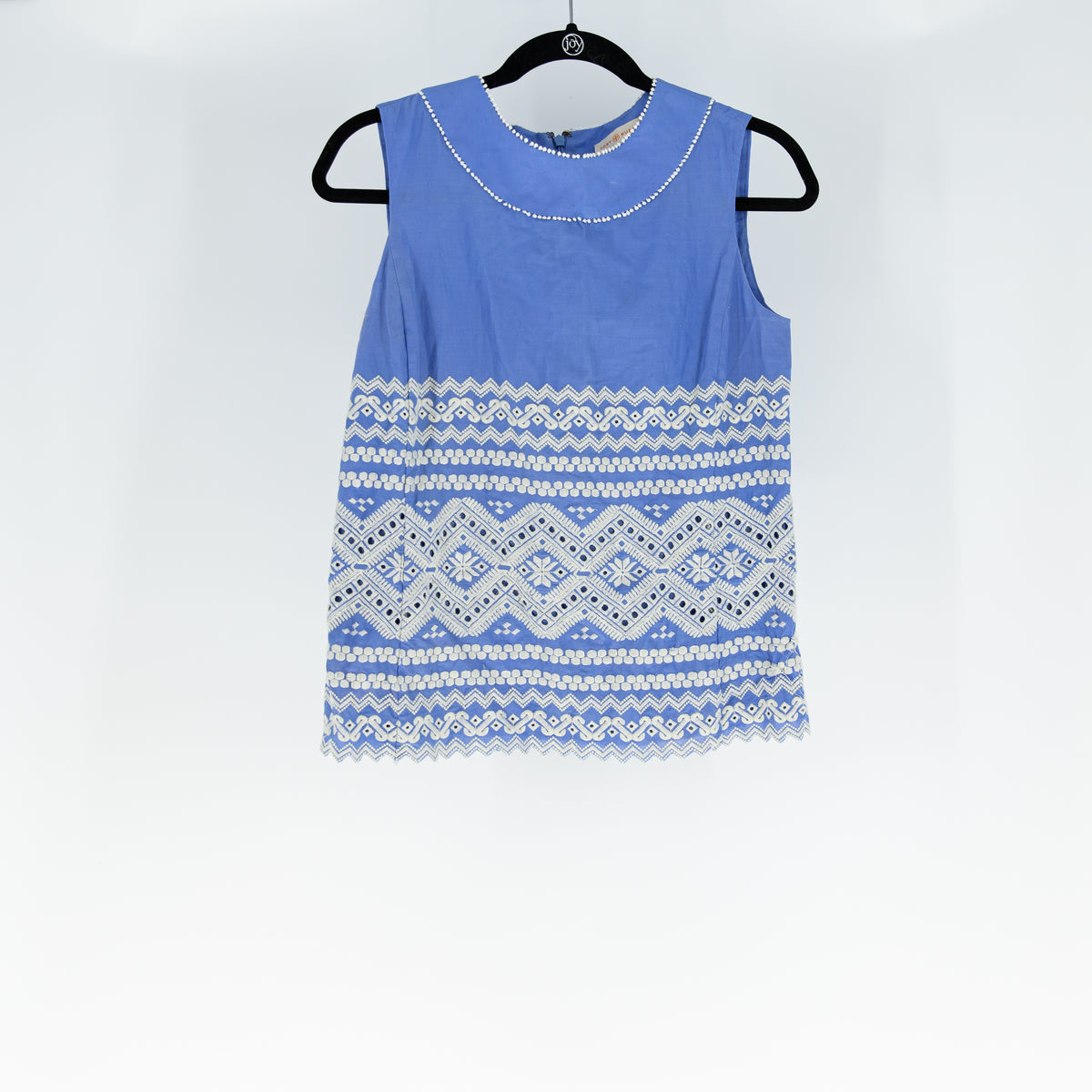 Tory Burch Cotton Sleeveless Scoop Neck Embroidered Blouse Shirt Top Blue Ivory