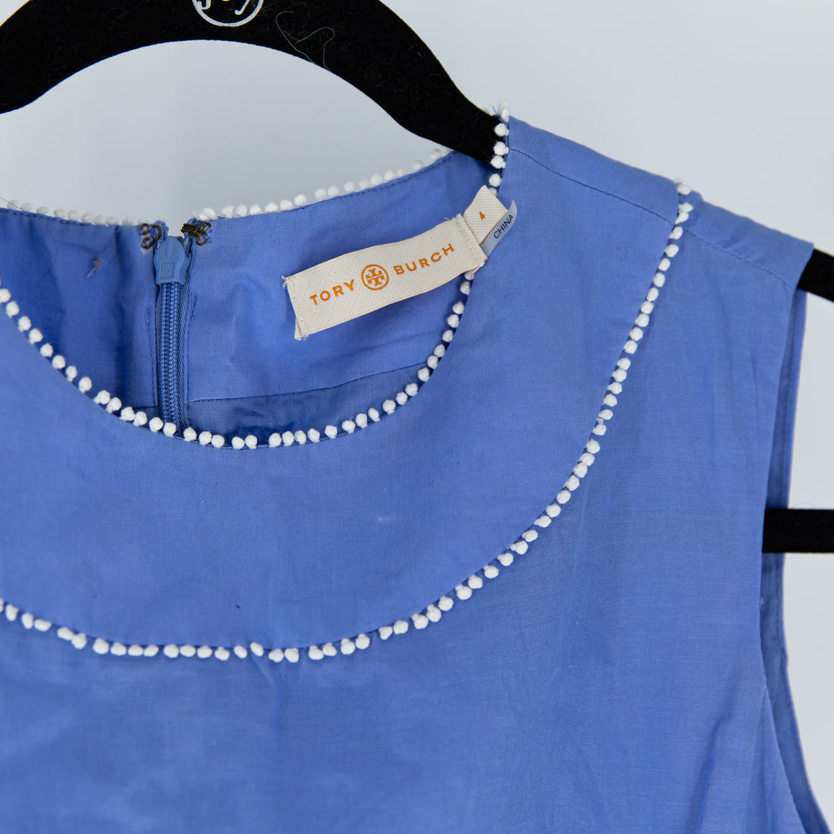 Tory Burch Cotton Sleeveless Scoop Neck Embroidered Blouse Shirt Top Blue Ivory