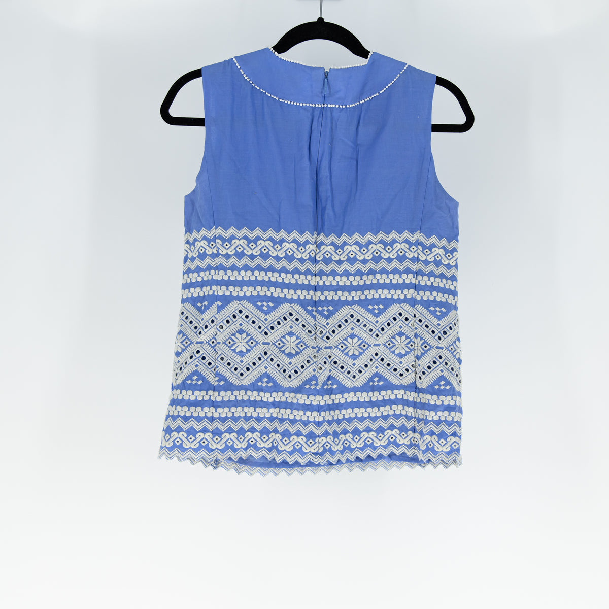 Tory Burch Cotton Sleeveless Scoop Neck Embroidered Blouse Shirt Top Blue Ivory