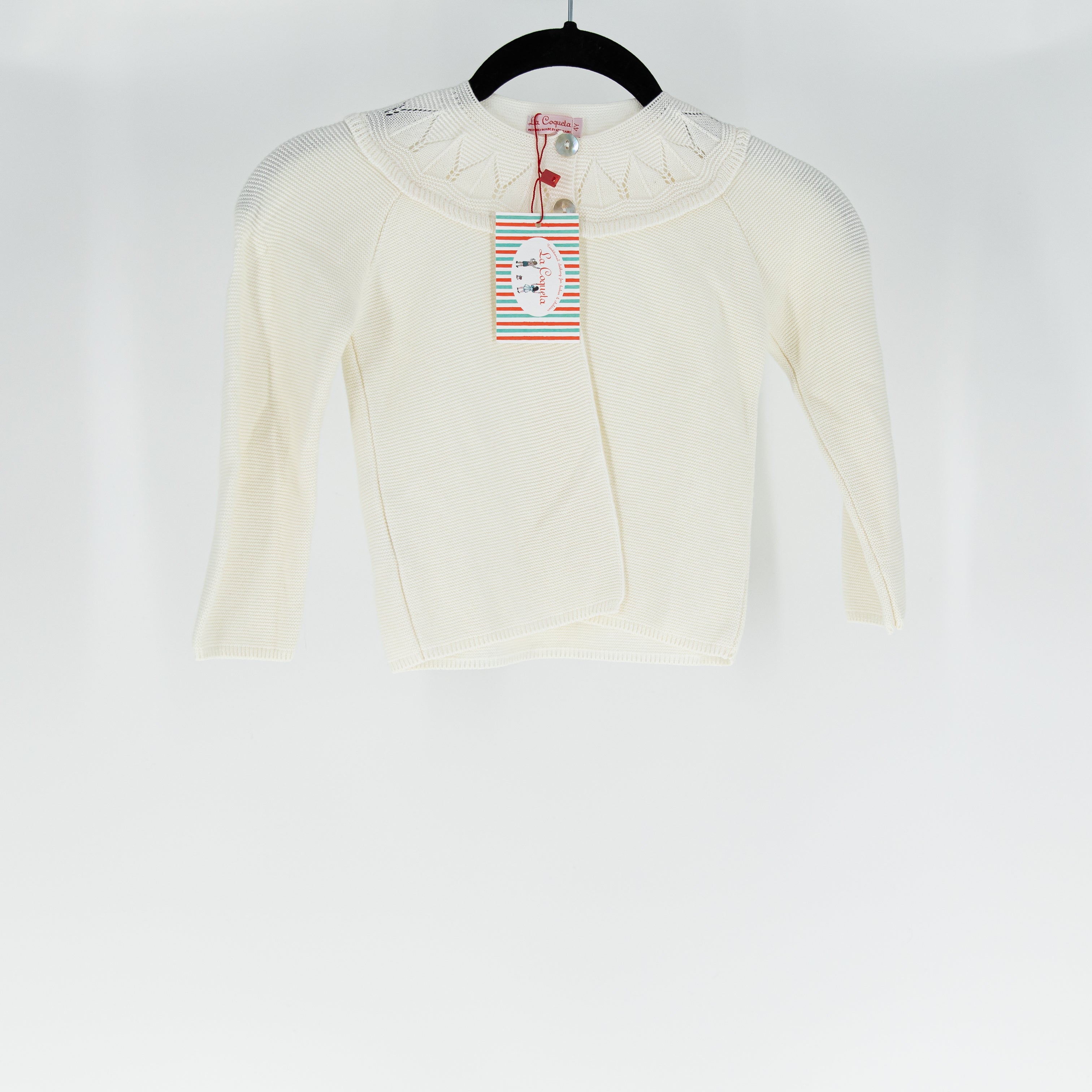 NEW La Coqueta Baena Girl Cotton Knit Stretch Crew Neck Cardigan Sweater Ivory 4