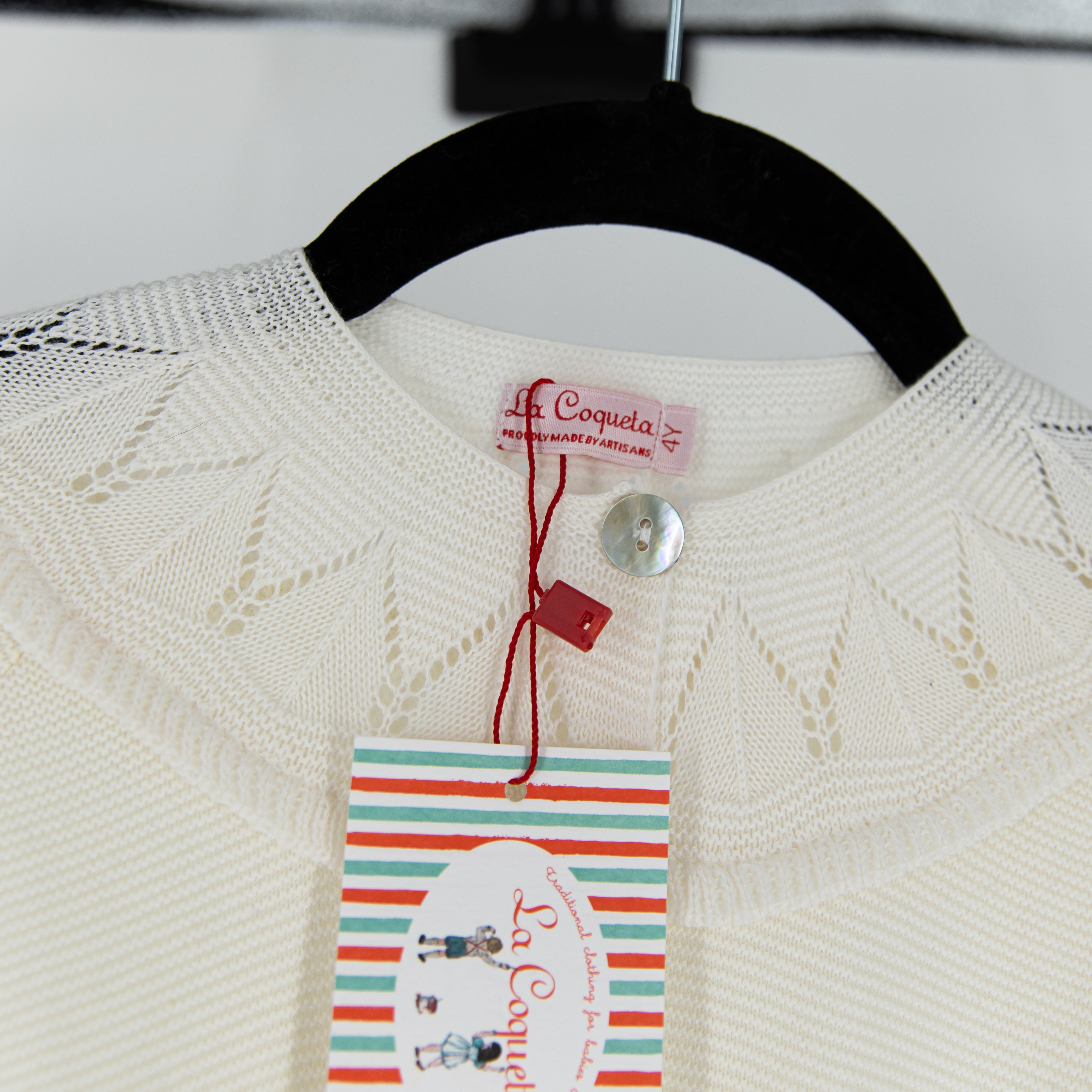 NEW La Coqueta Baena Girl Cotton Knit Stretch Crew Neck Cardigan Sweater Ivory 4