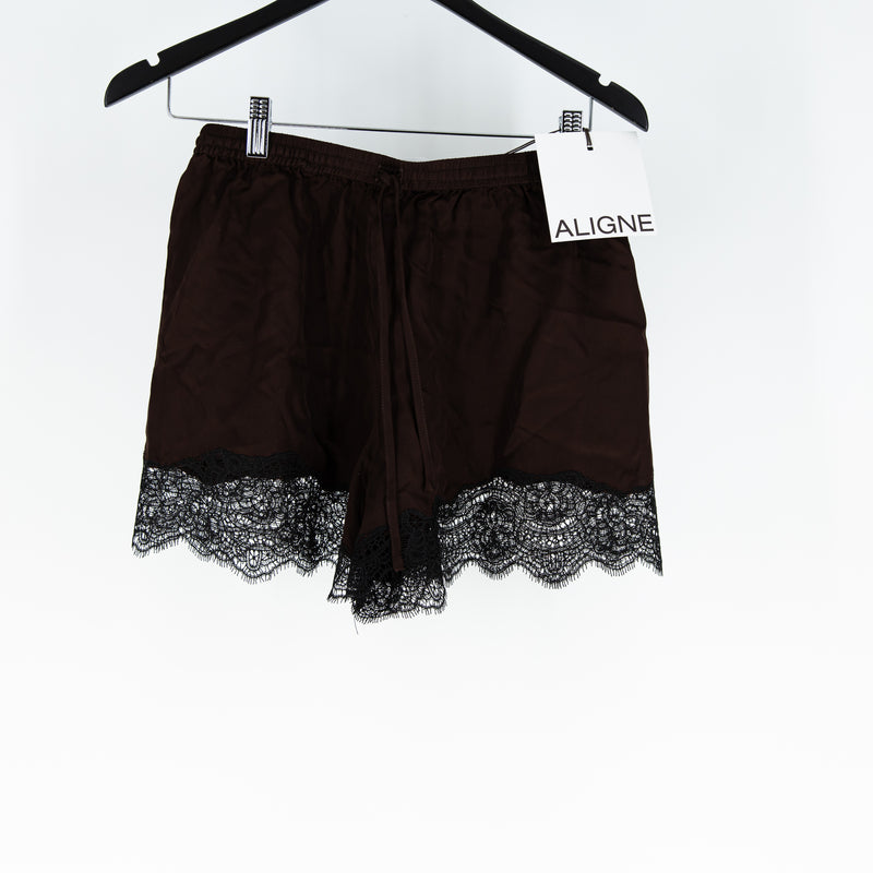 NEW Aligne Linette Satin Delicate Lace Trim Mini Pull On Shorts Chocolate Brown