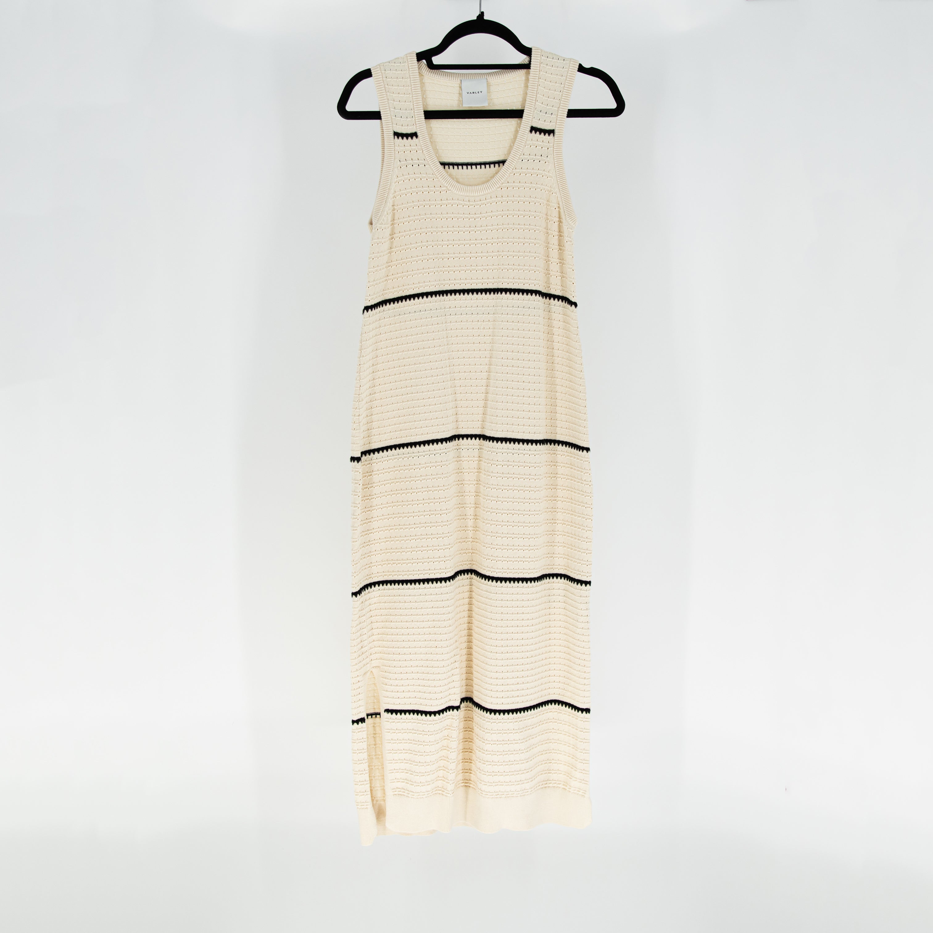 Varley Scott Scoop Neck Cotton Crochet Knit Sleeveless Midi Dress Birch Stripe S