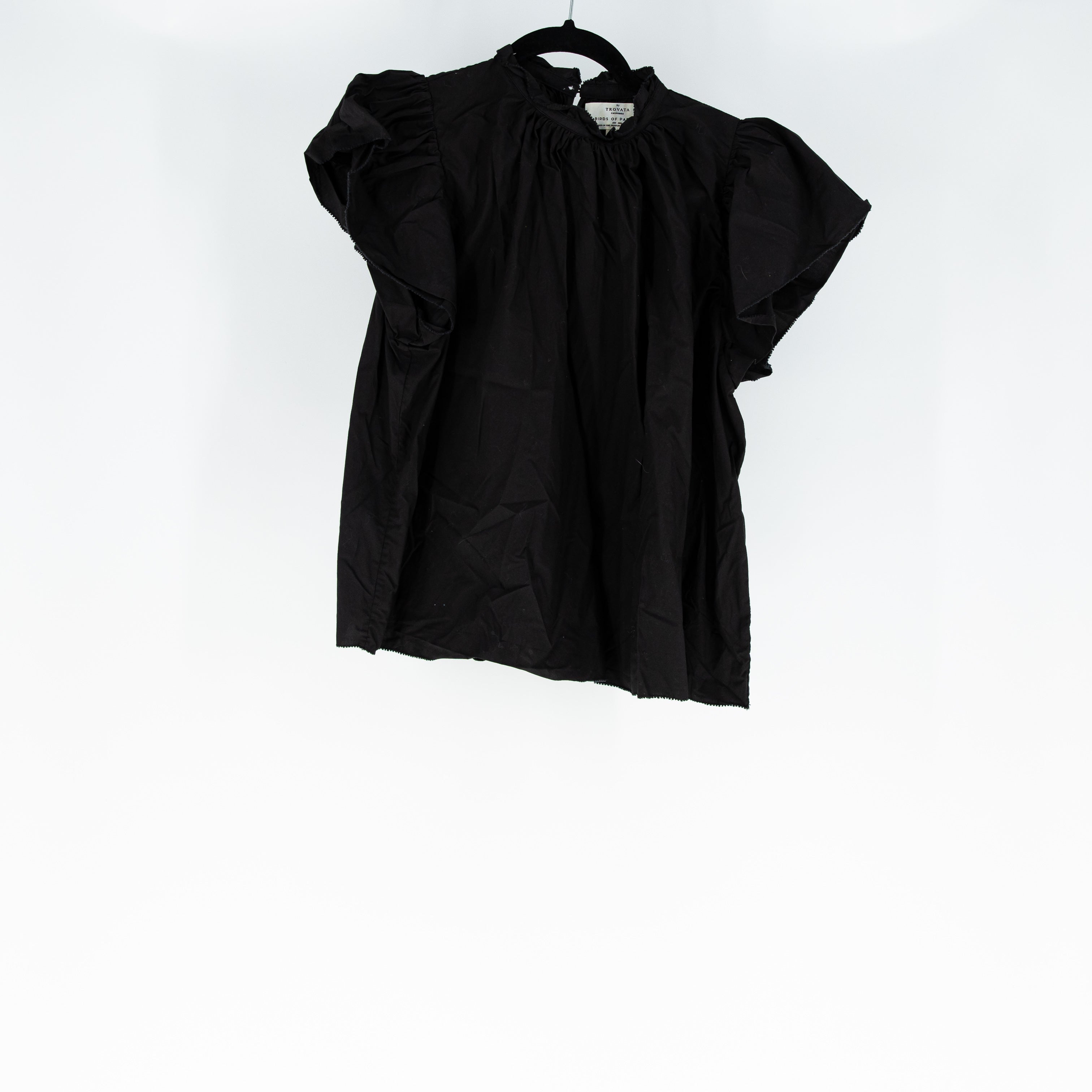Trovata Birds Of Paradis Carla Highneck Ruffle Short Sleeve Cotton Blouse Black