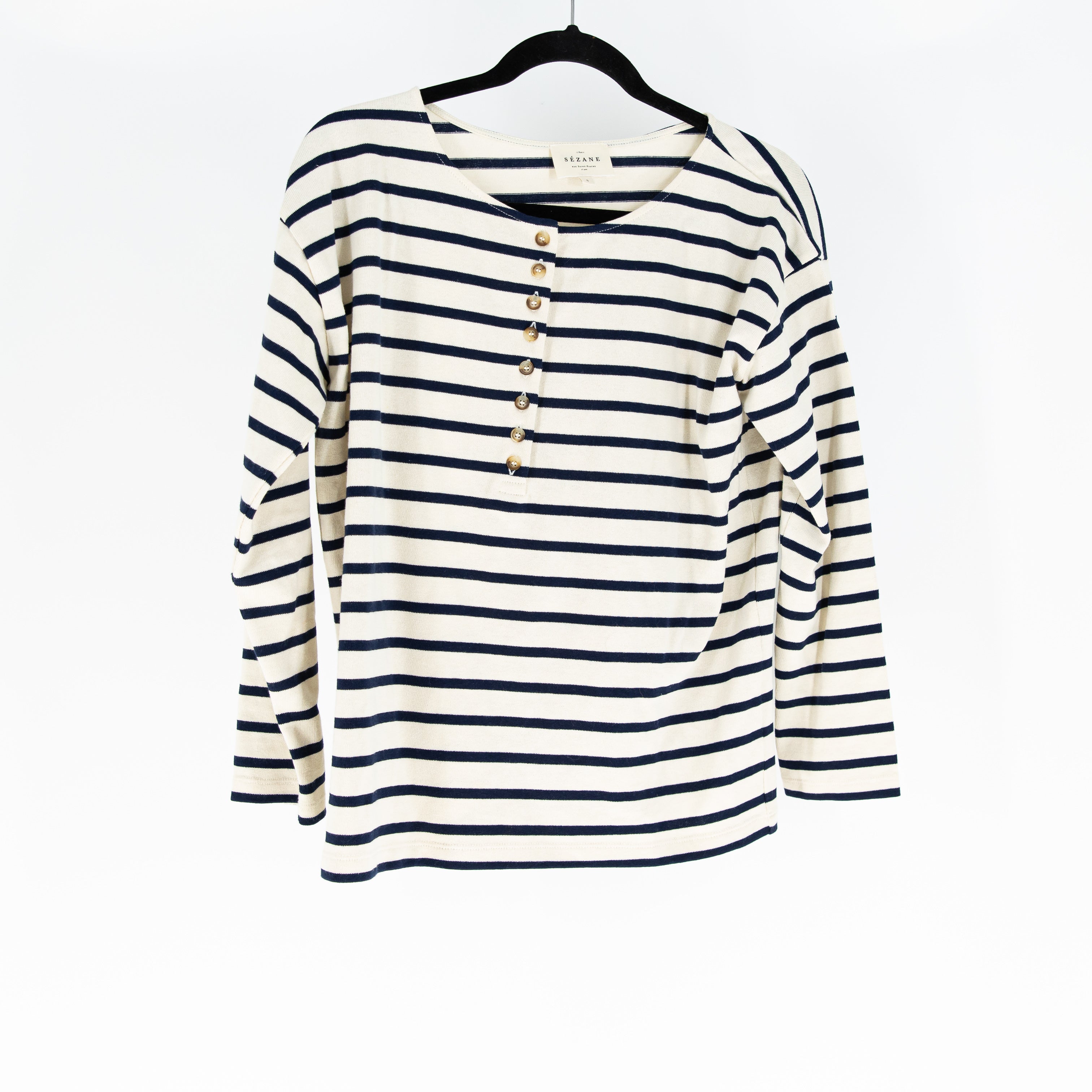 Sezane Gatsby Mariniere Organic Cotton Henley Button Pullover Sweater Ecru Navy