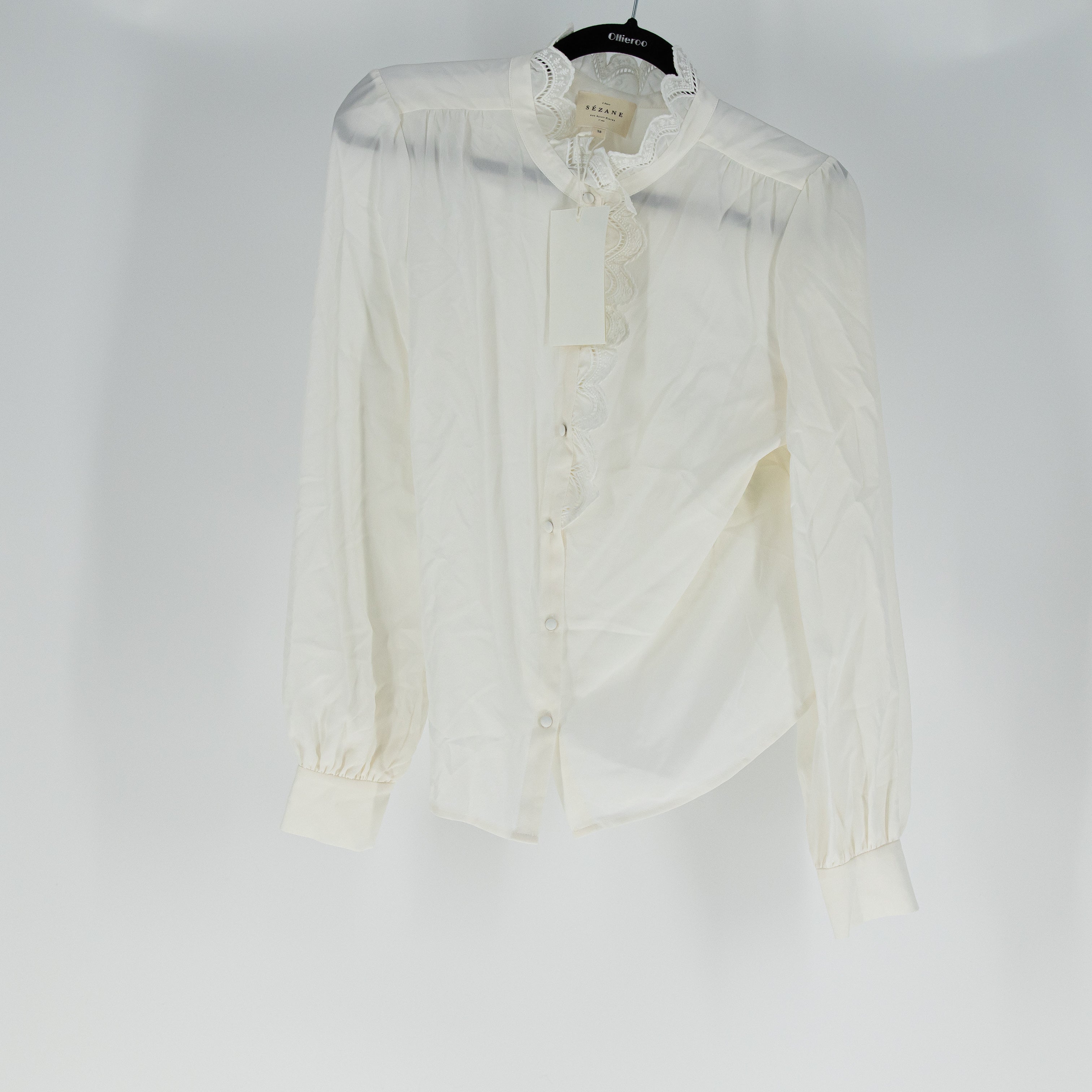 NEW Sezane Chlo Silk Chiffon Ruffle Collar Button Up Long Sleeve Blouse Ecru 6