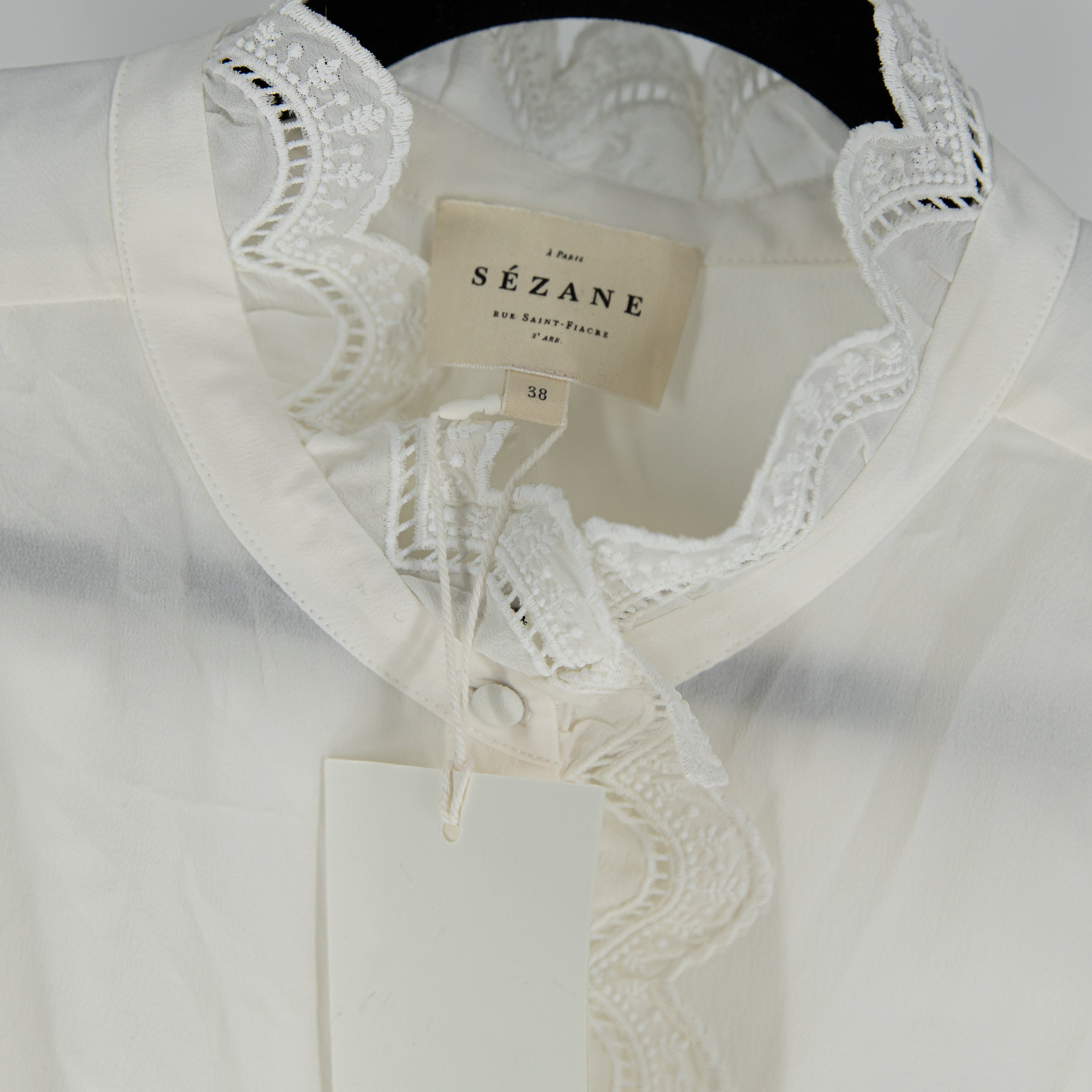 NEW Sezane Chlo Silk Chiffon Ruffle Collar Button Up Long Sleeve Blouse Ecru 6