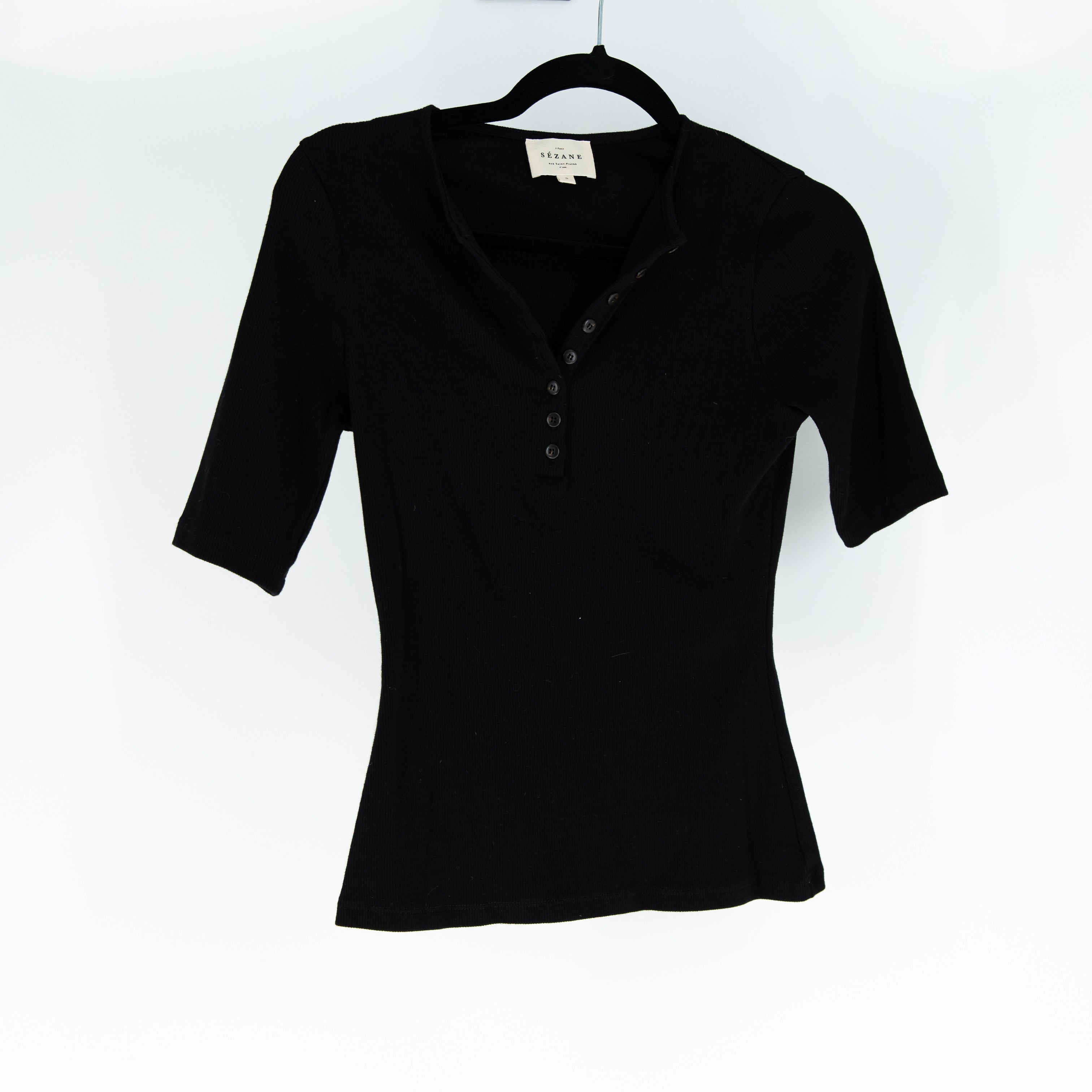 Sezane Cotton Stretch Ribbed Henley V Neck Quarter Sleeve Pullover Sweater Black