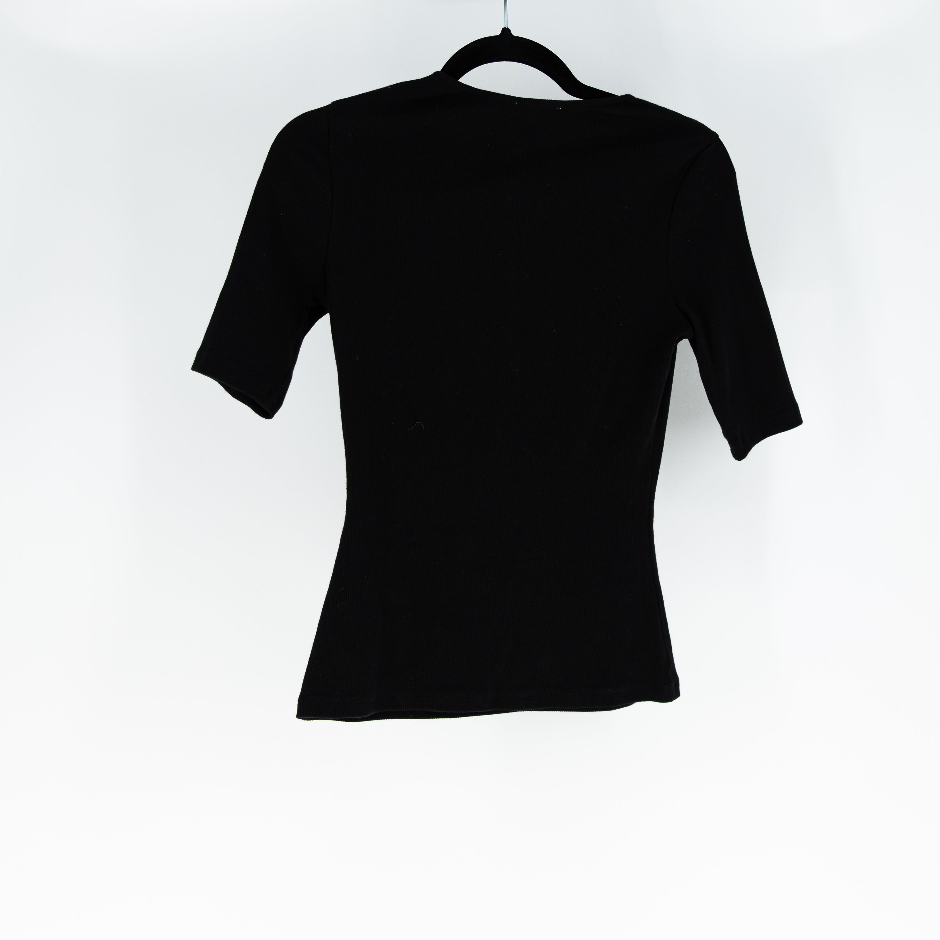 Sezane Cotton Stretch Ribbed Henley V Neck Quarter Sleeve Pullover Sweater Black