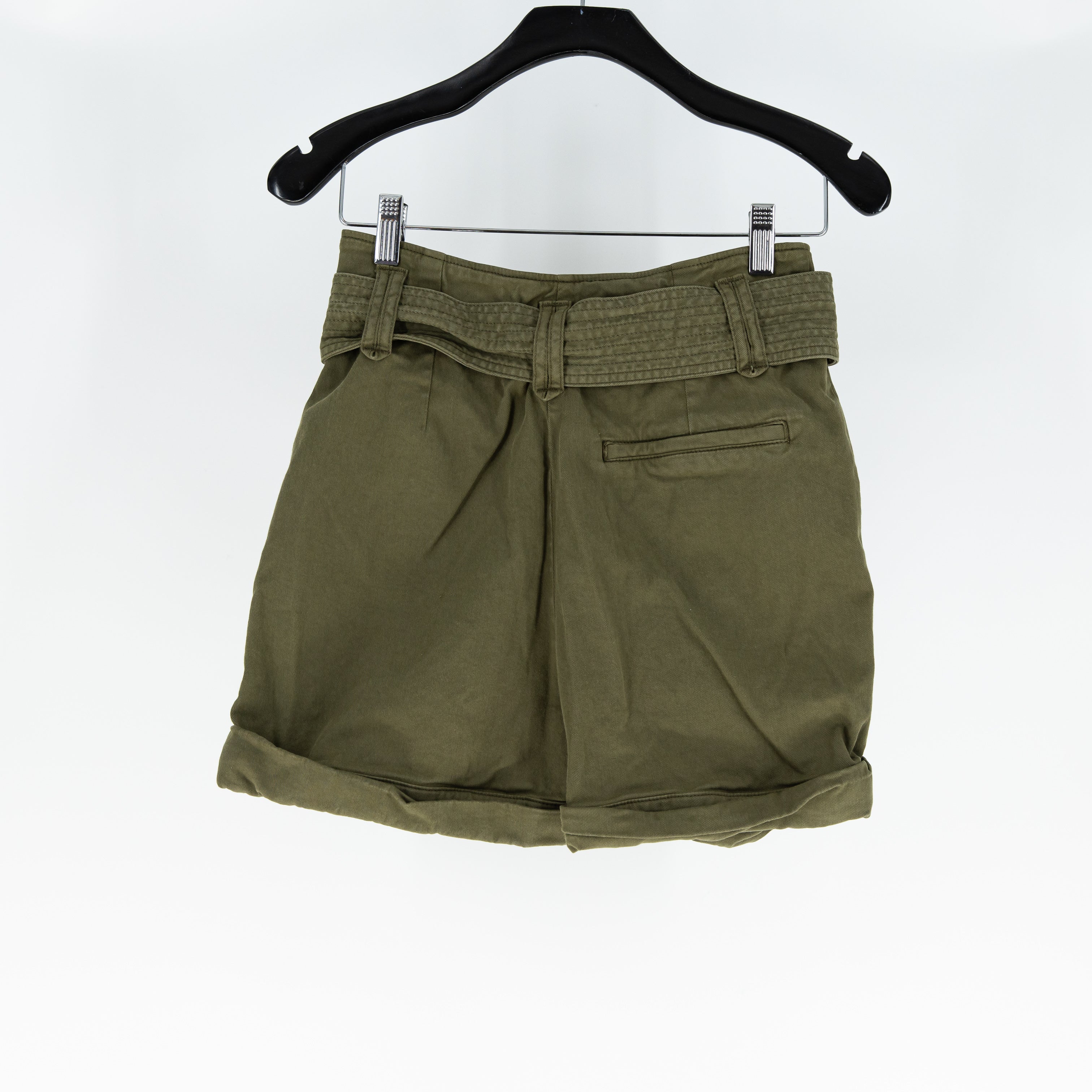 Sezane Women's Rome Cotton Stretch High Rise Casual Belted Shorts Olive Green S