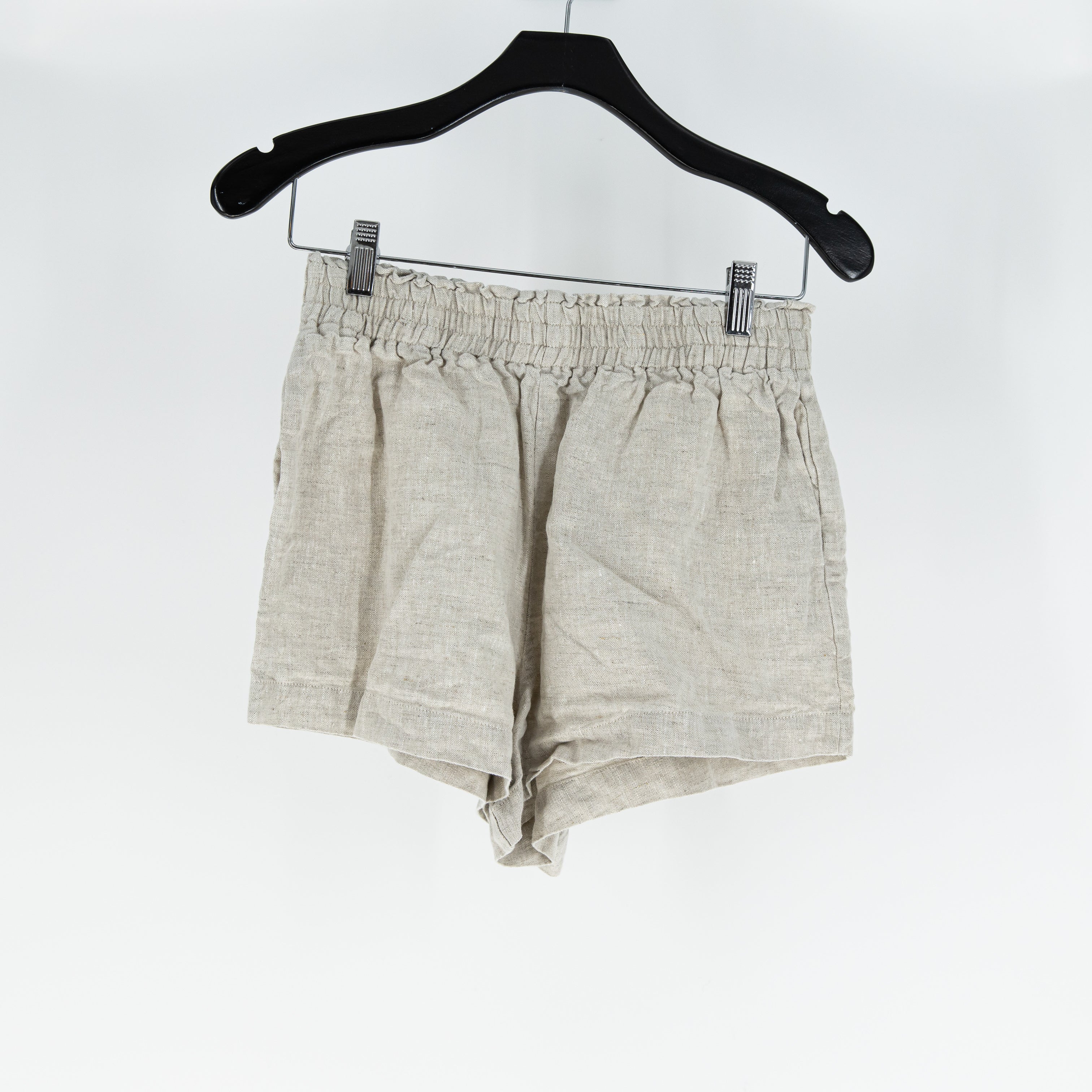 Reformation Mila Linen Smocked Stretch Waist Pull On Mini Shorts Beige Small