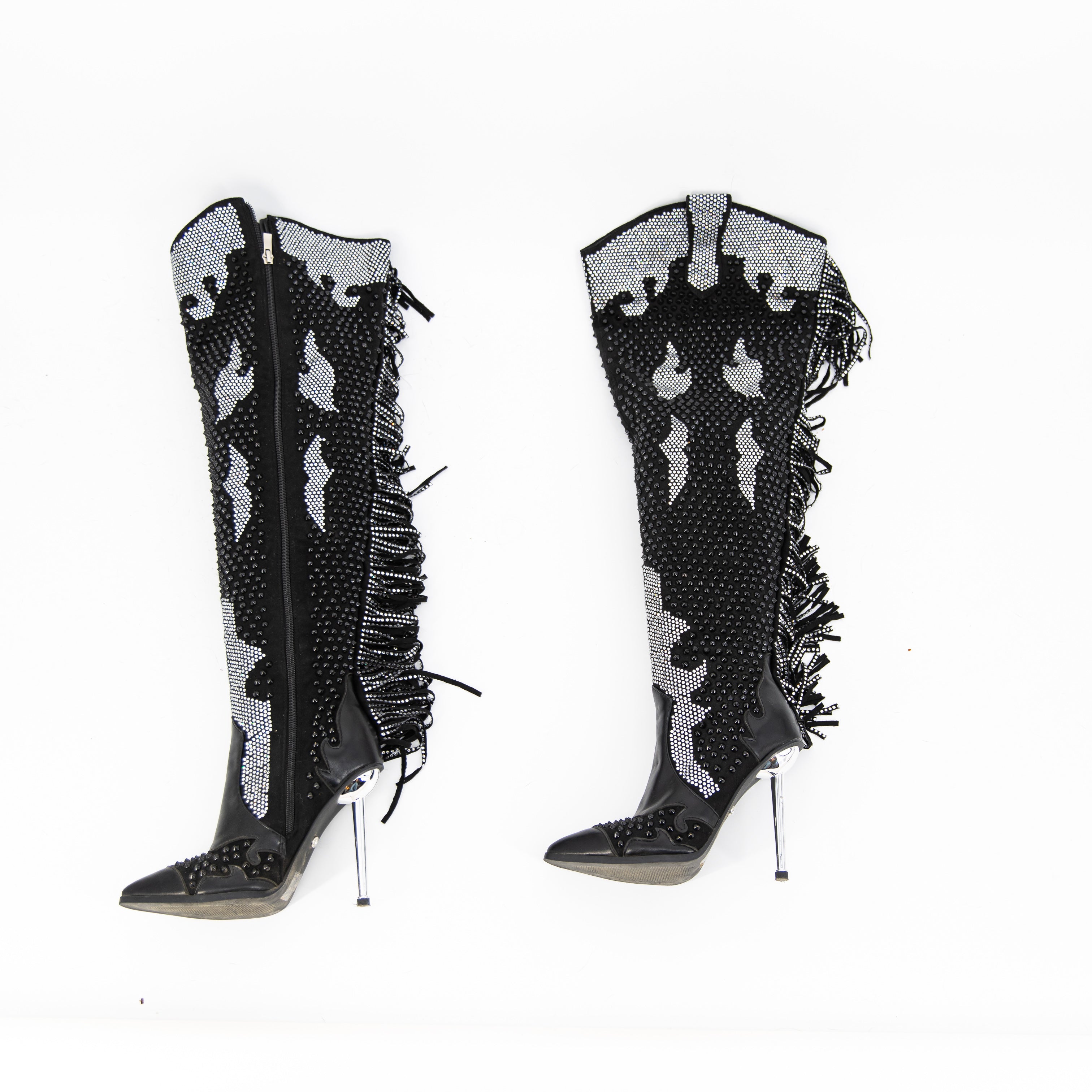 Azalea Wang Crewe Black Silver Crystal Embellished Fringe Western Boots Shoes 6