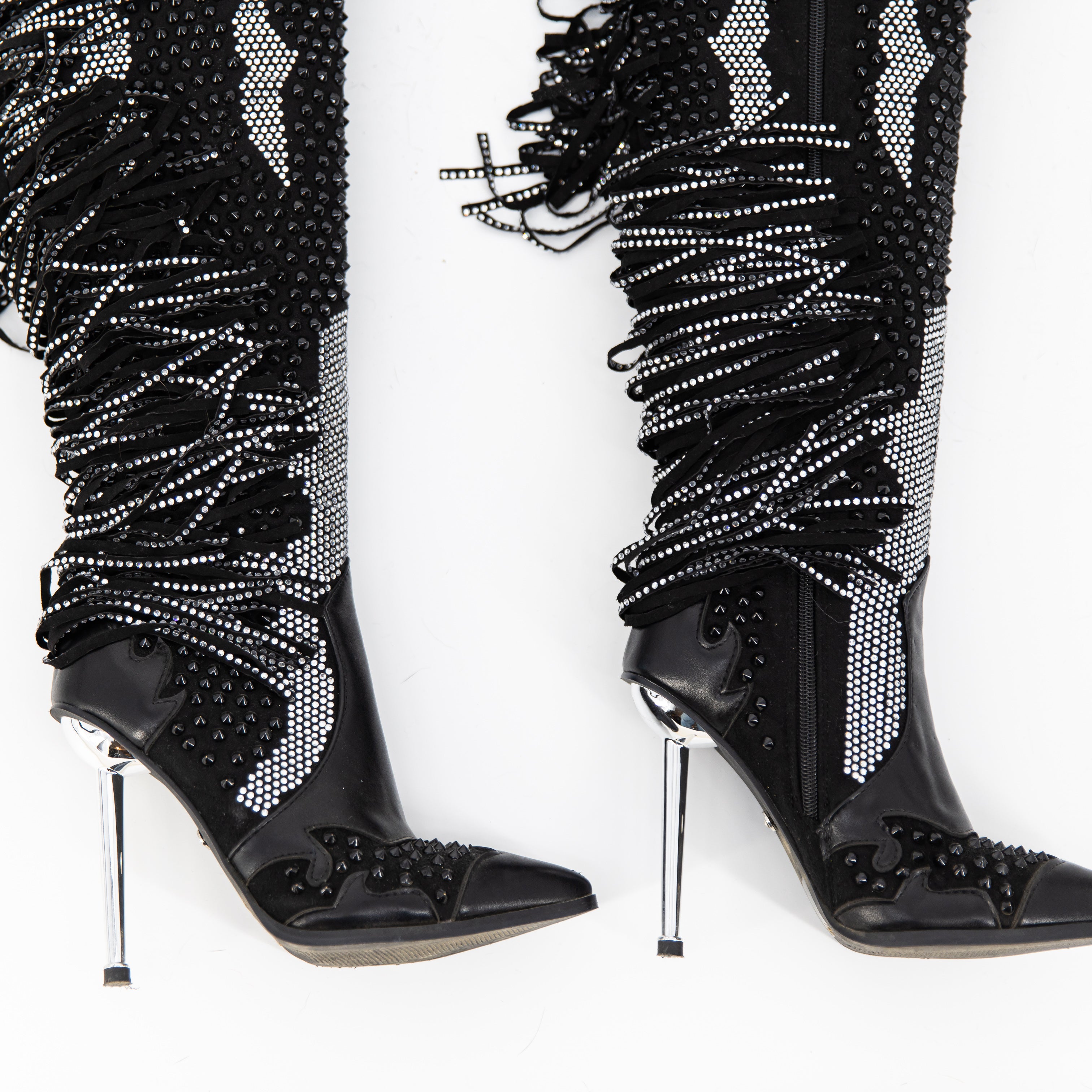 Azalea Wang Crewe Black Silver Crystal Embellished Fringe Western Boots Shoes 6