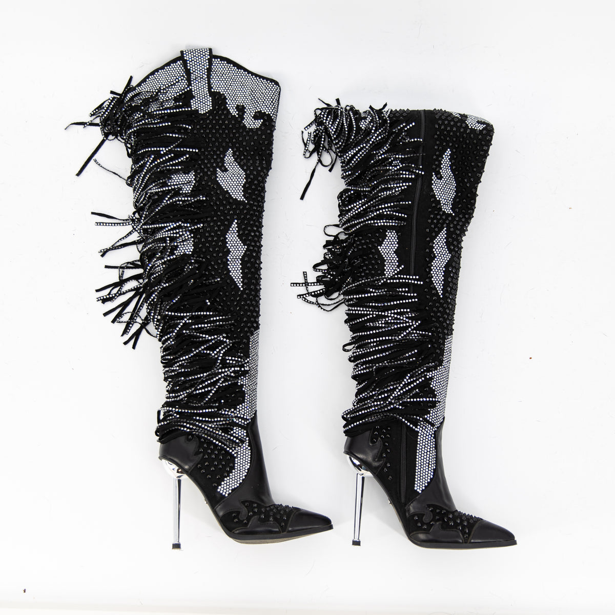 Azalea Wang Crewe Black Silver Crystal Embellished Fringe Western Boots Shoes 6