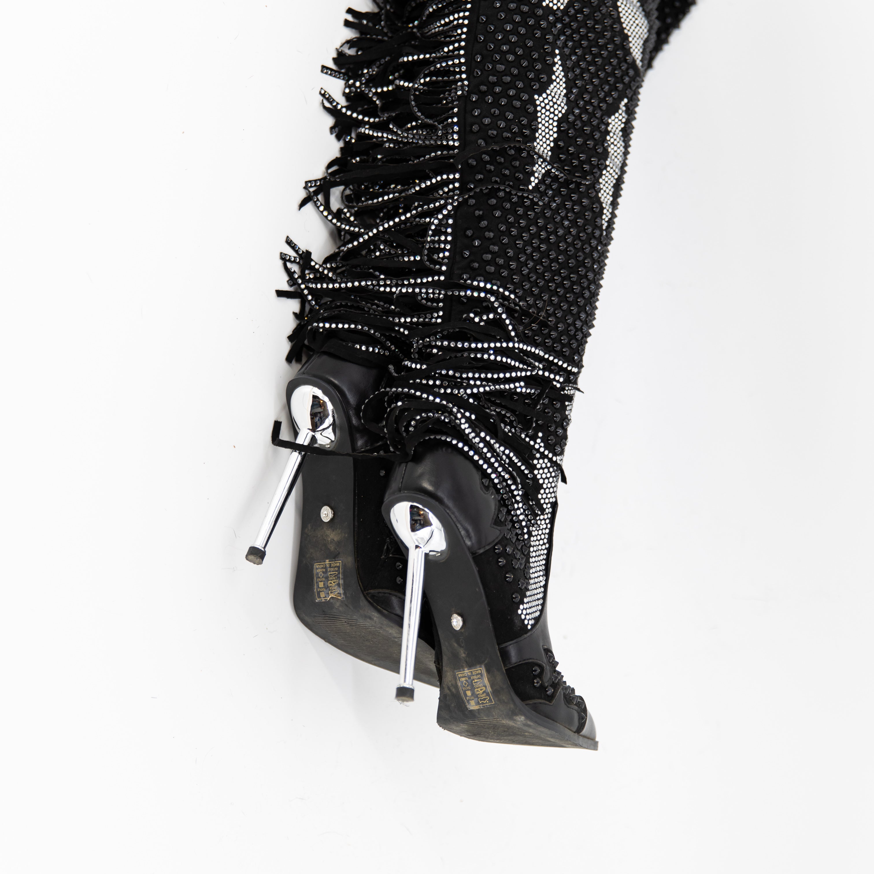 Azalea Wang Crewe Black Silver Crystal Embellished Fringe Western Boots Shoes 6