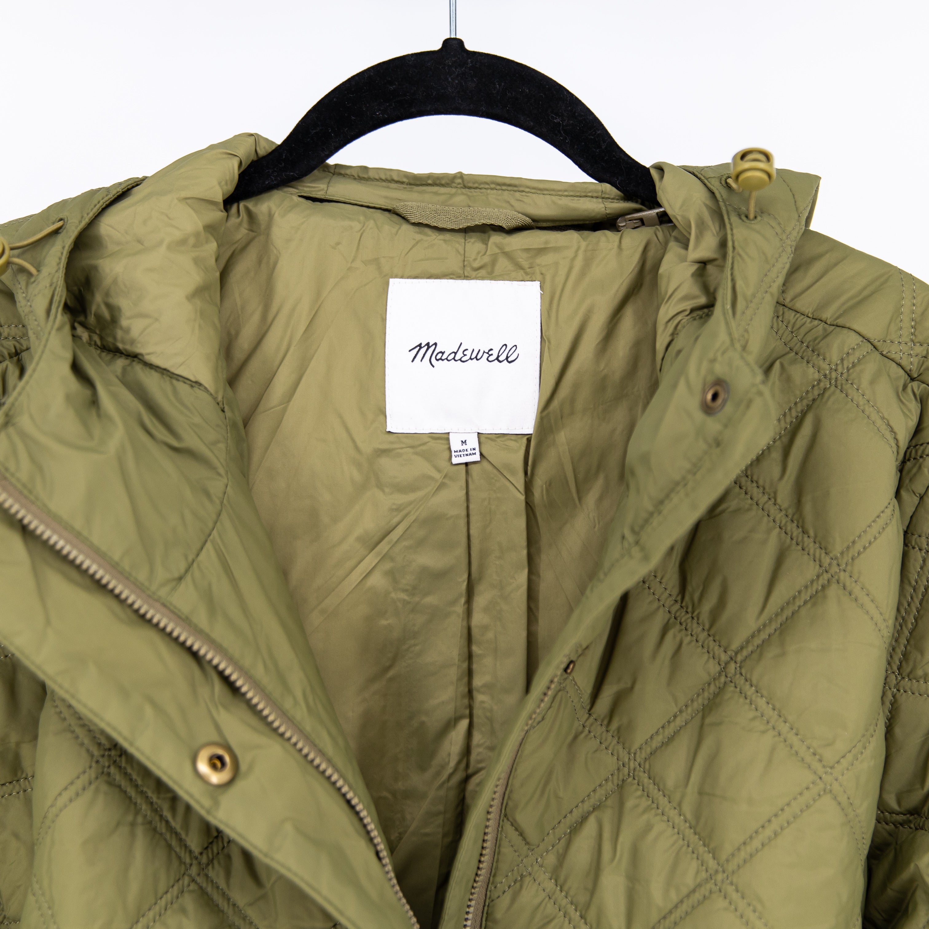 Madewell Women's Airpuff Quilted Packable Puffer Full Zip Hooded Jacket Green M
