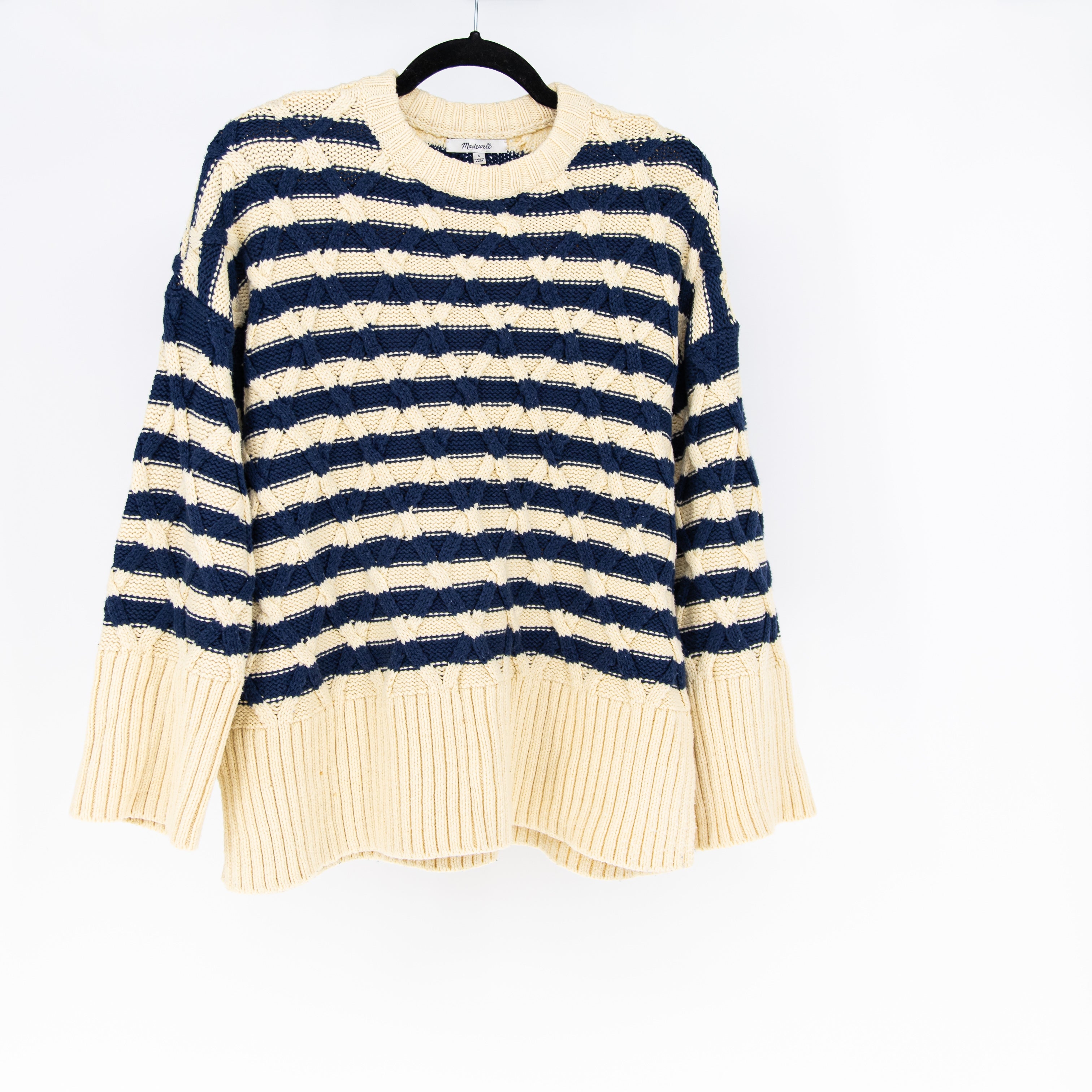 Madewell Women's Cotton Cable Knit Oversized Crew Neck Sweater Ecru Stripe Small