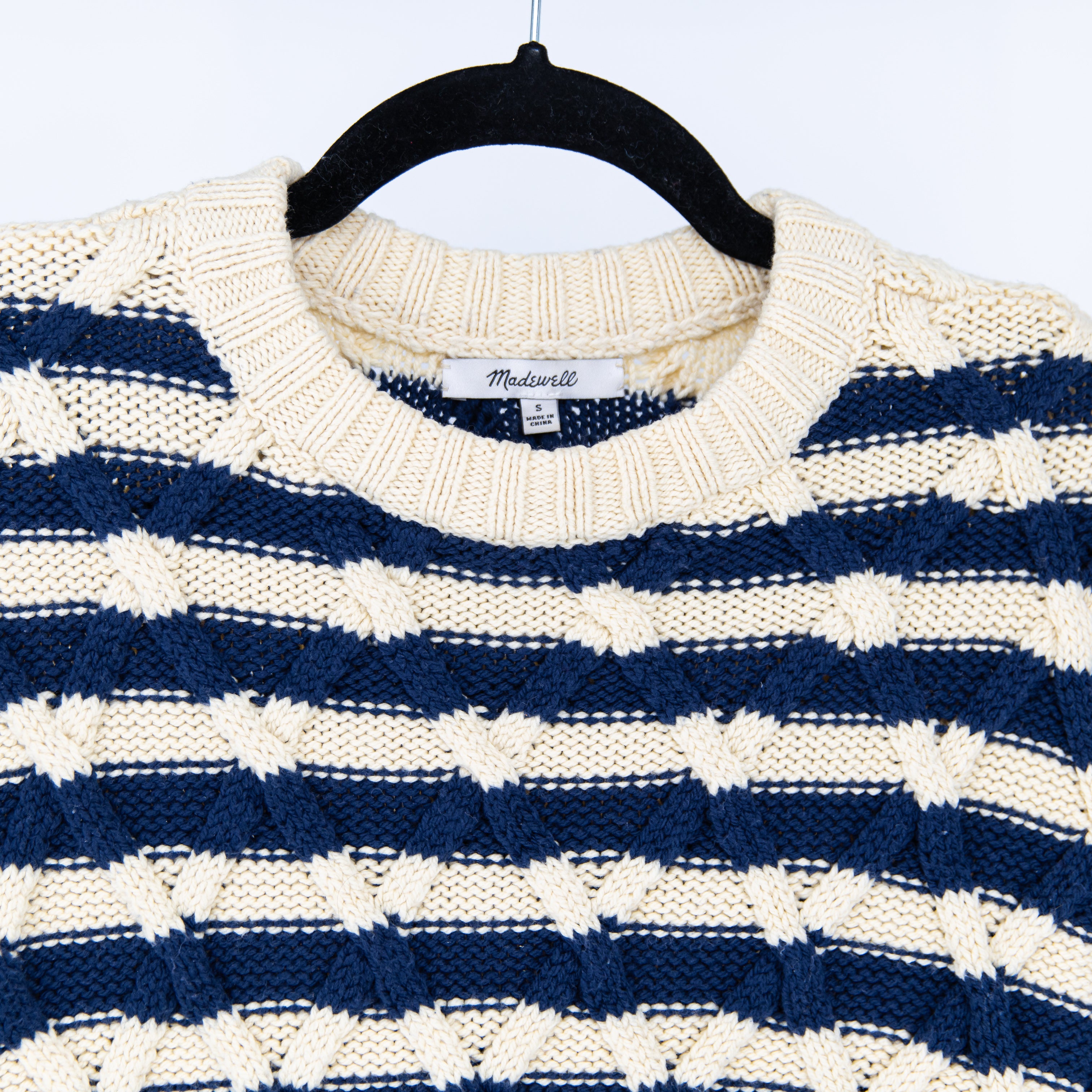 Madewell Women's Cotton Cable Knit Oversized Crew Neck Sweater Ecru Stripe Small